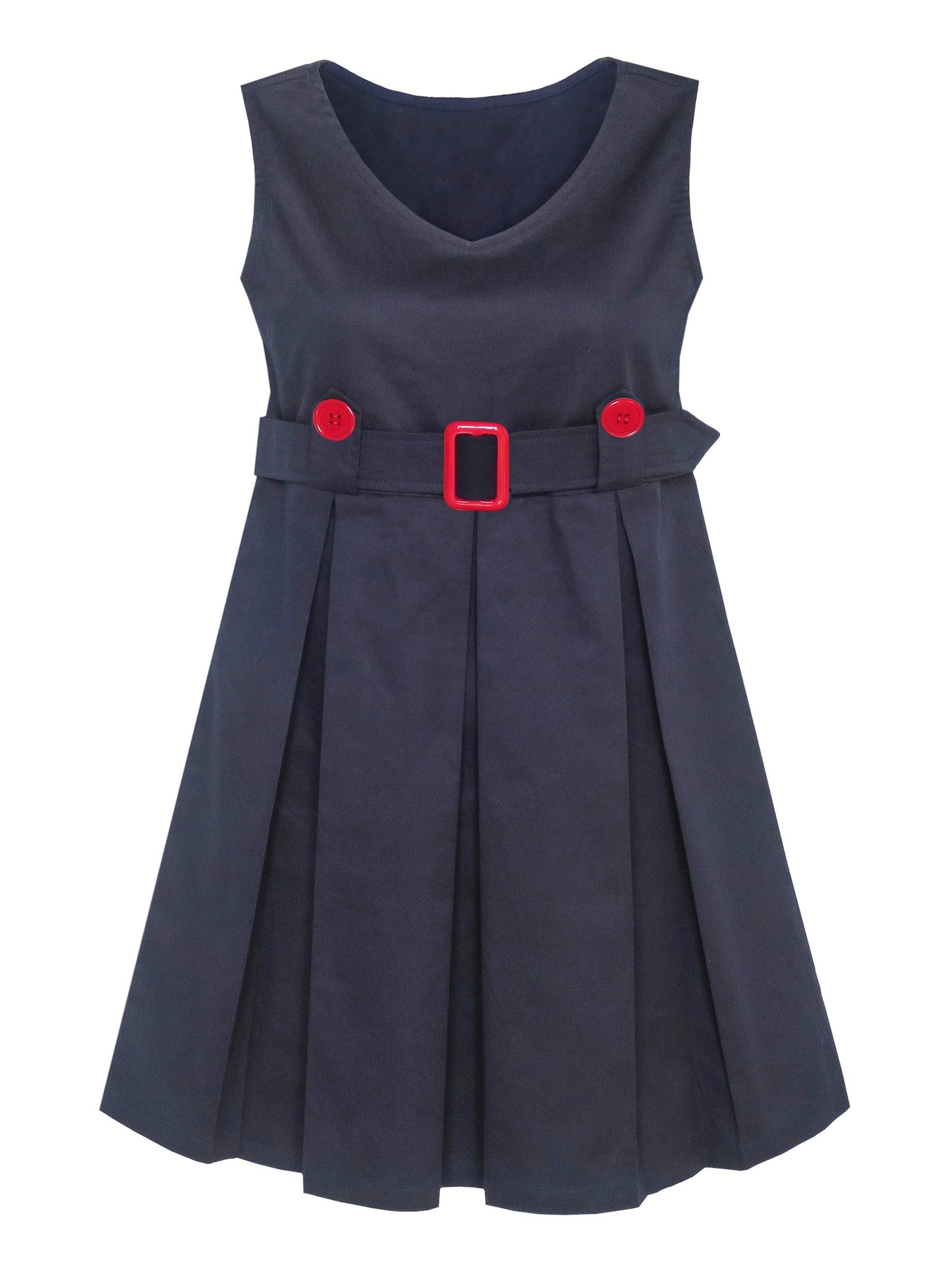 Girls Dress Beige Button Back School Uniform Pleated Hem Blue