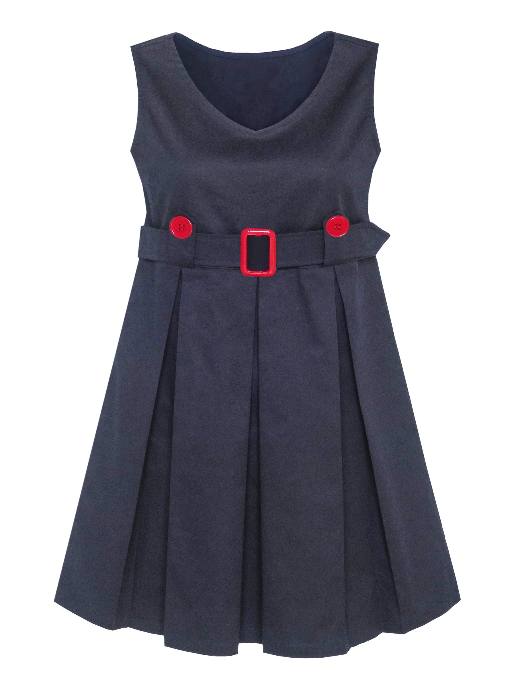 Girls Dress Beige Button Back School Uniform Pleated Hem Blue
