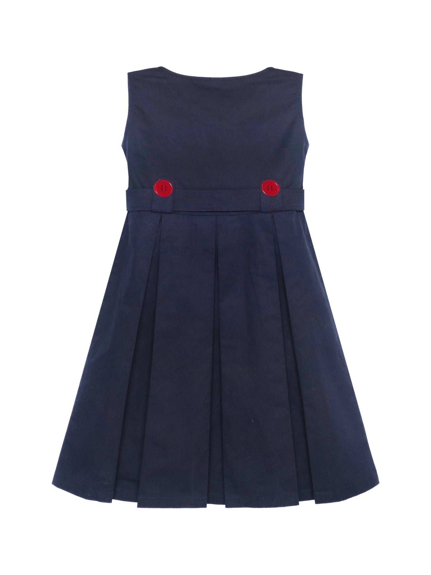 Girls Dress Beige Button Back School Uniform Pleated Hem Blue