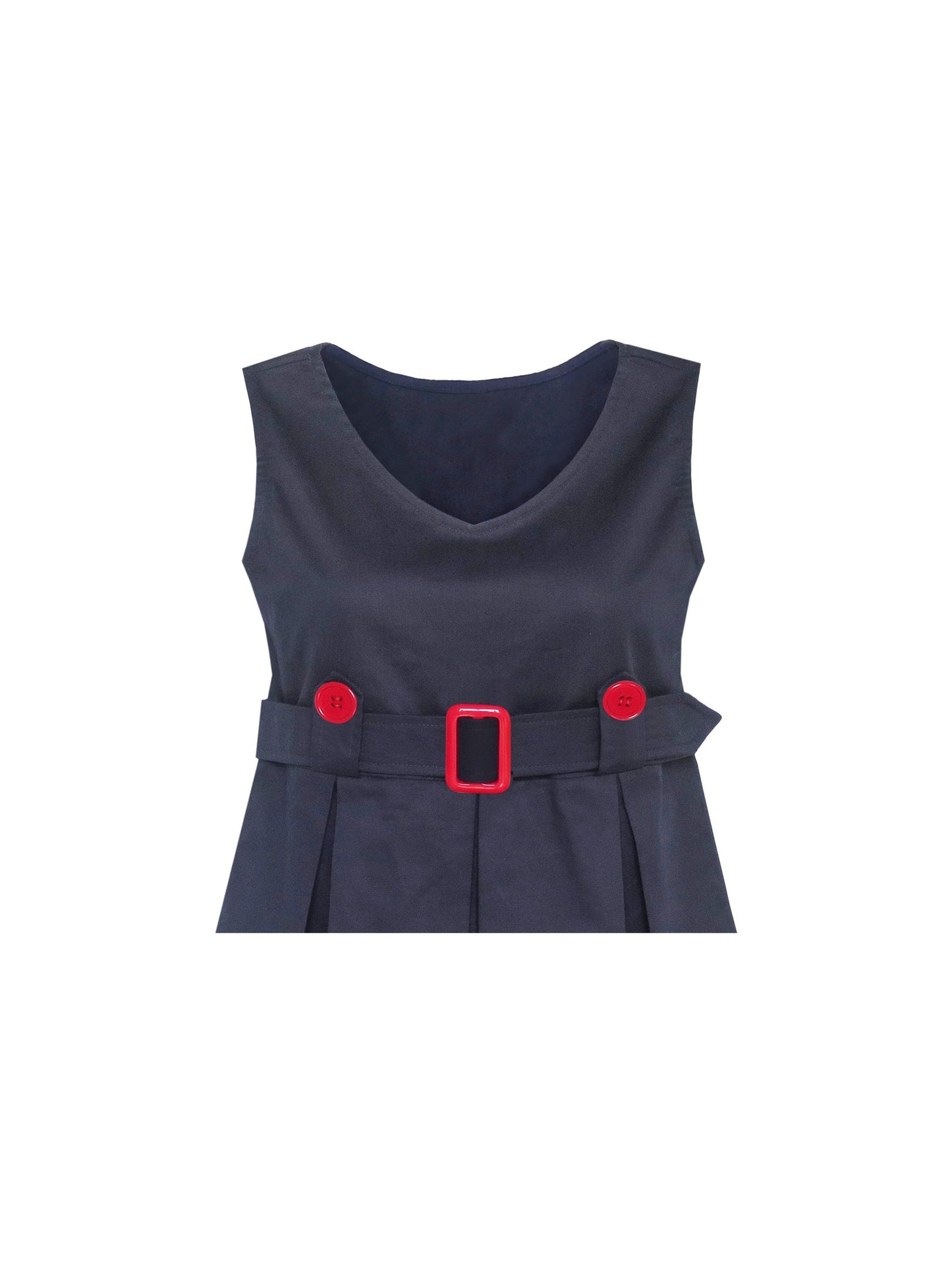 Girls Dress Beige Button Back School Uniform Pleated Hem Blue