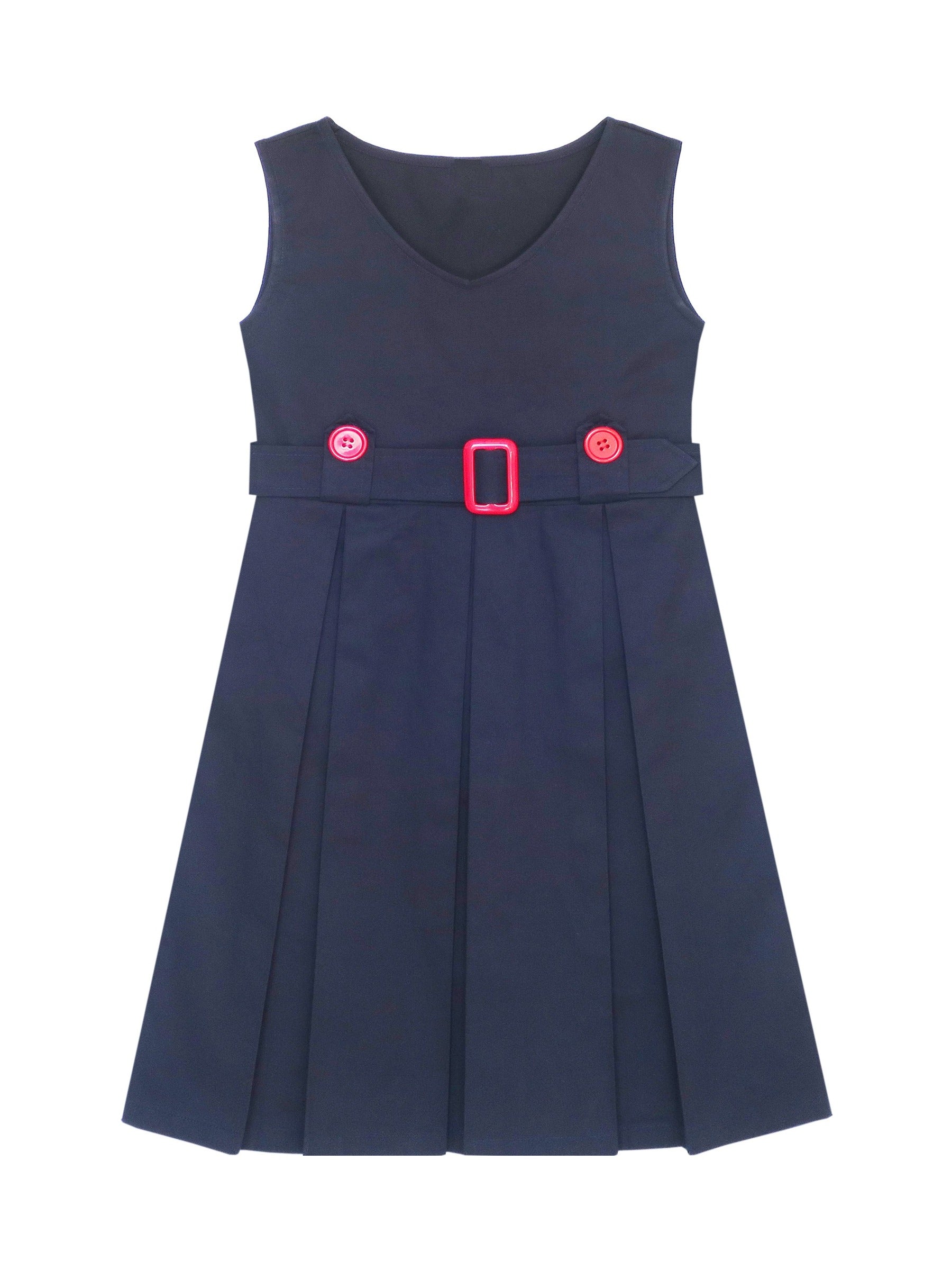 Girls Dress Beige Button Back School Uniform Pleated Hem Blue