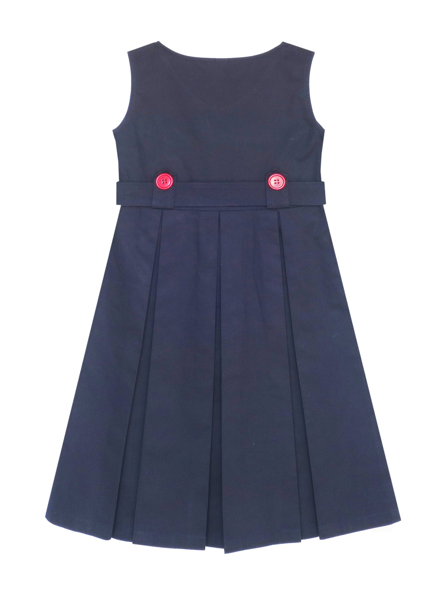 Girls Dress Beige Button Back School Uniform Pleated Hem Blue