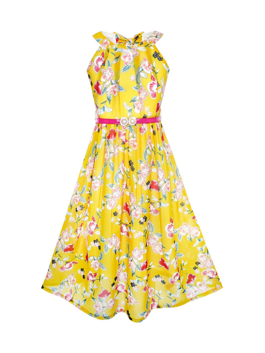Girls Dress Pink Floral Red Belt Chiffon Maxi dress Yellow