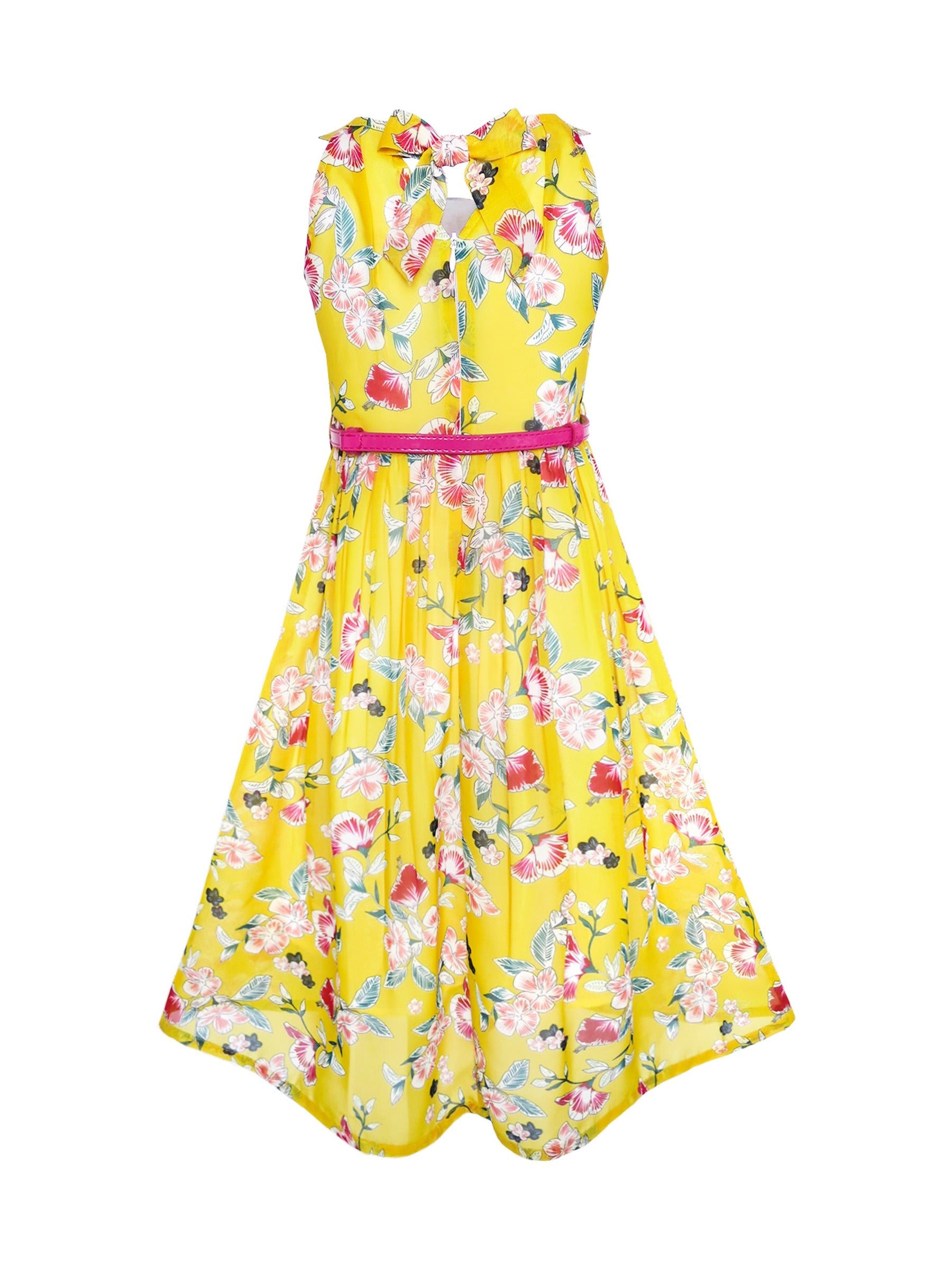 Girls Dress Pink Floral Red Belt Chiffon Maxi dress Yellow