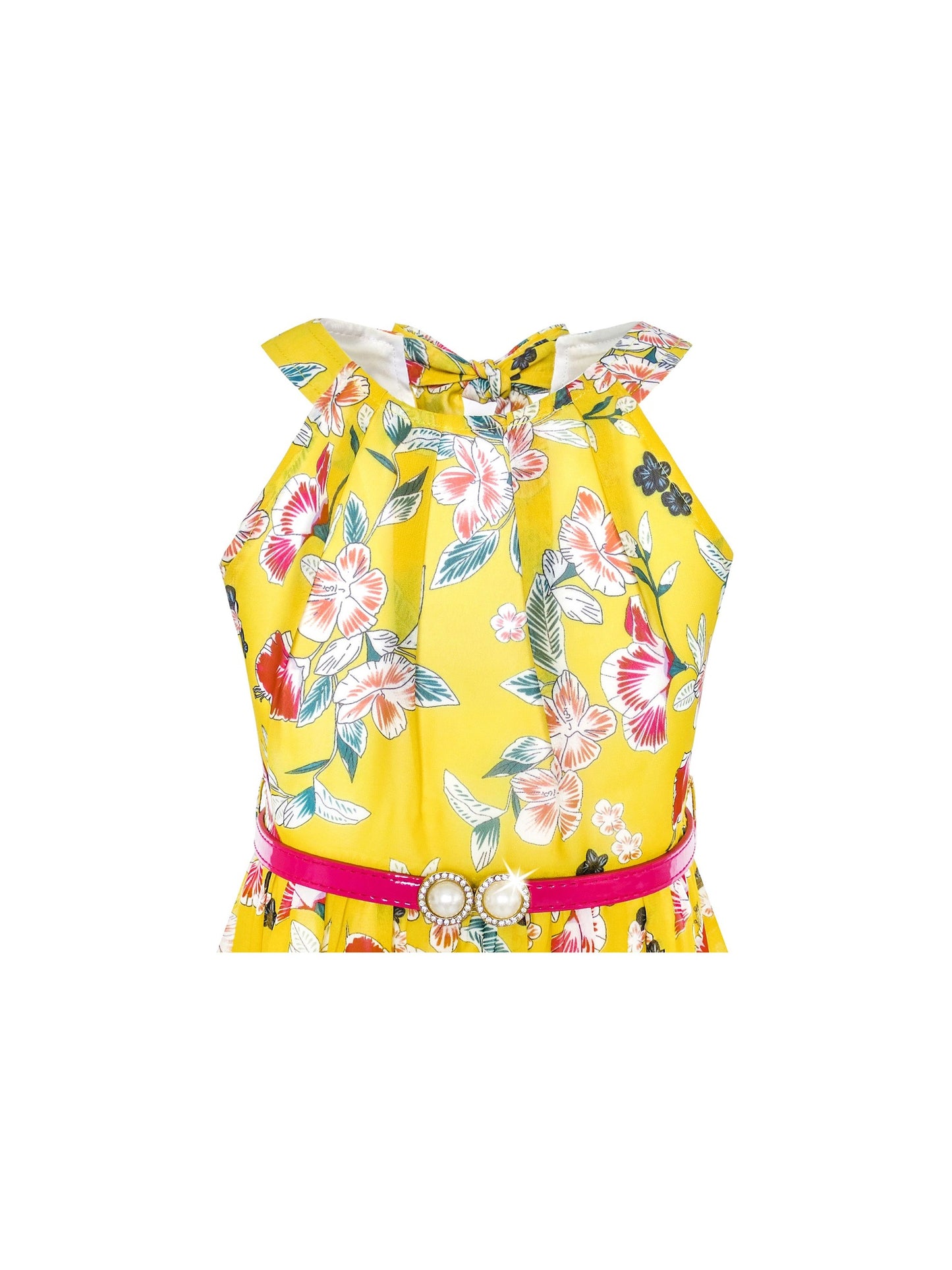 Girls Dress Pink Floral Red Belt Chiffon Maxi dress Yellow