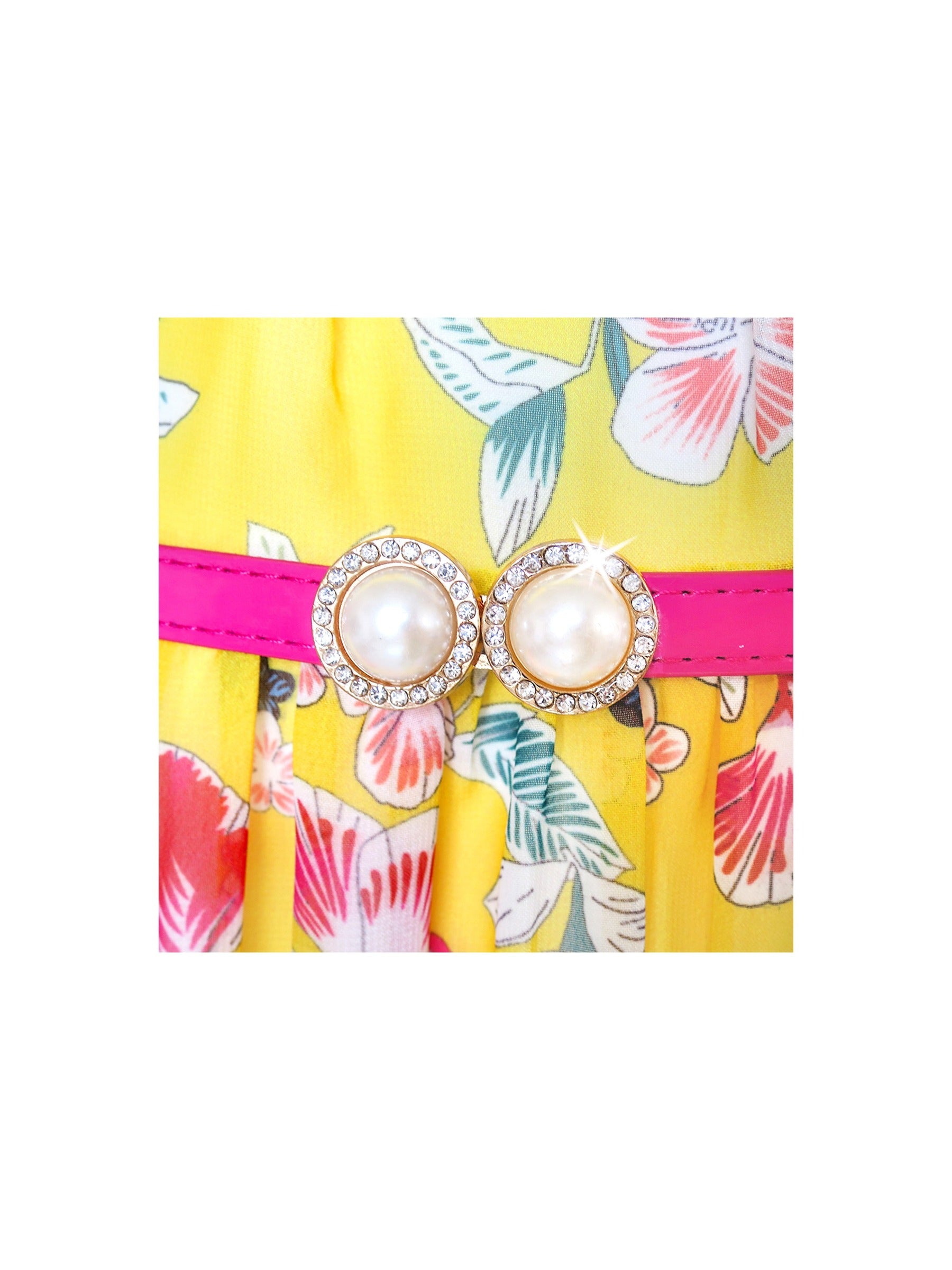 Girls Dress Pink Floral Red Belt Chiffon Maxi dress Yellow
