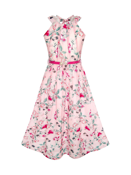 Girls Dress Pink Floral Red Belt Chiffon Maxi dress Pink