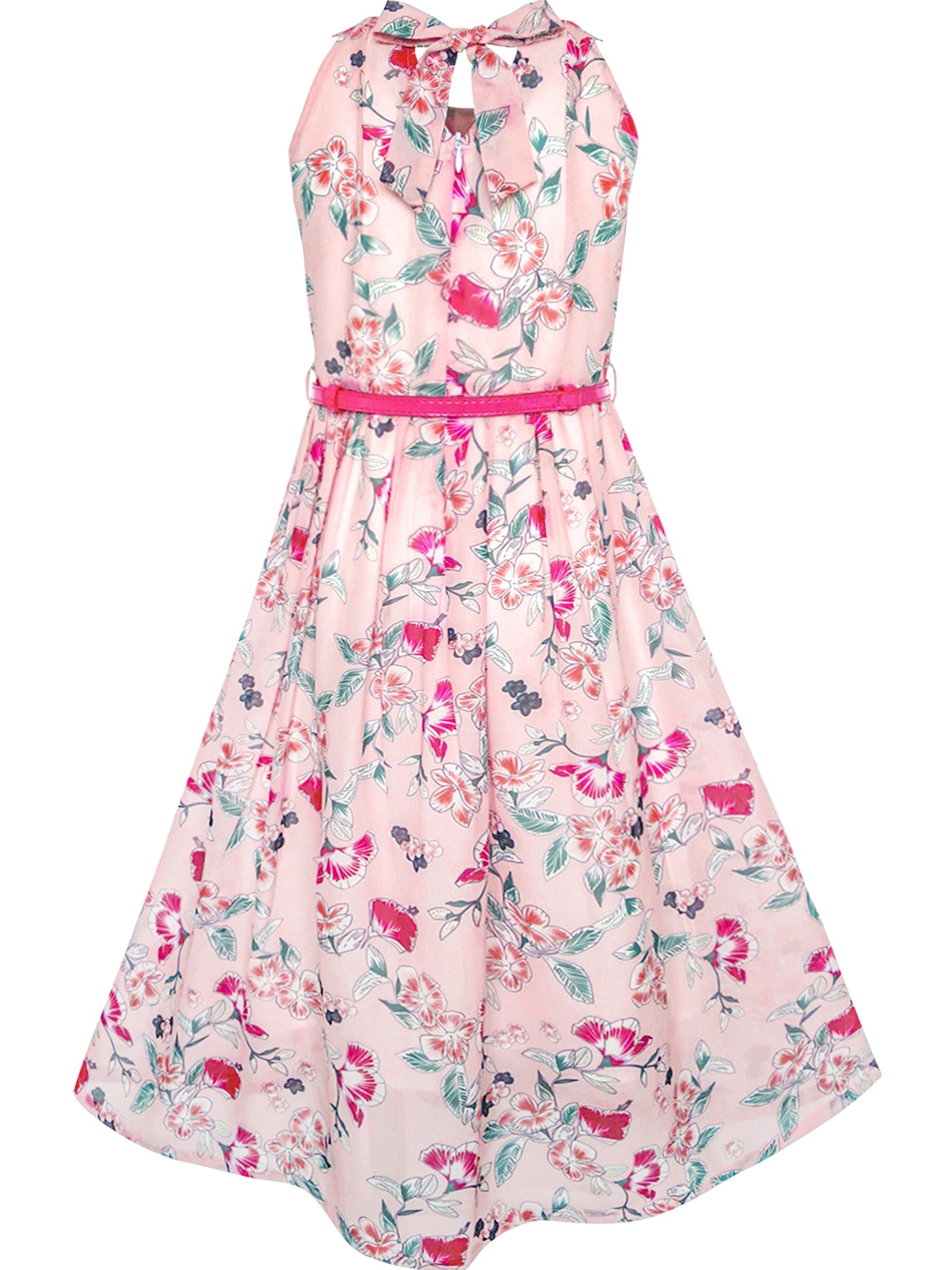 Girls Dress Pink Floral Red Belt Chiffon Maxi dress Pink