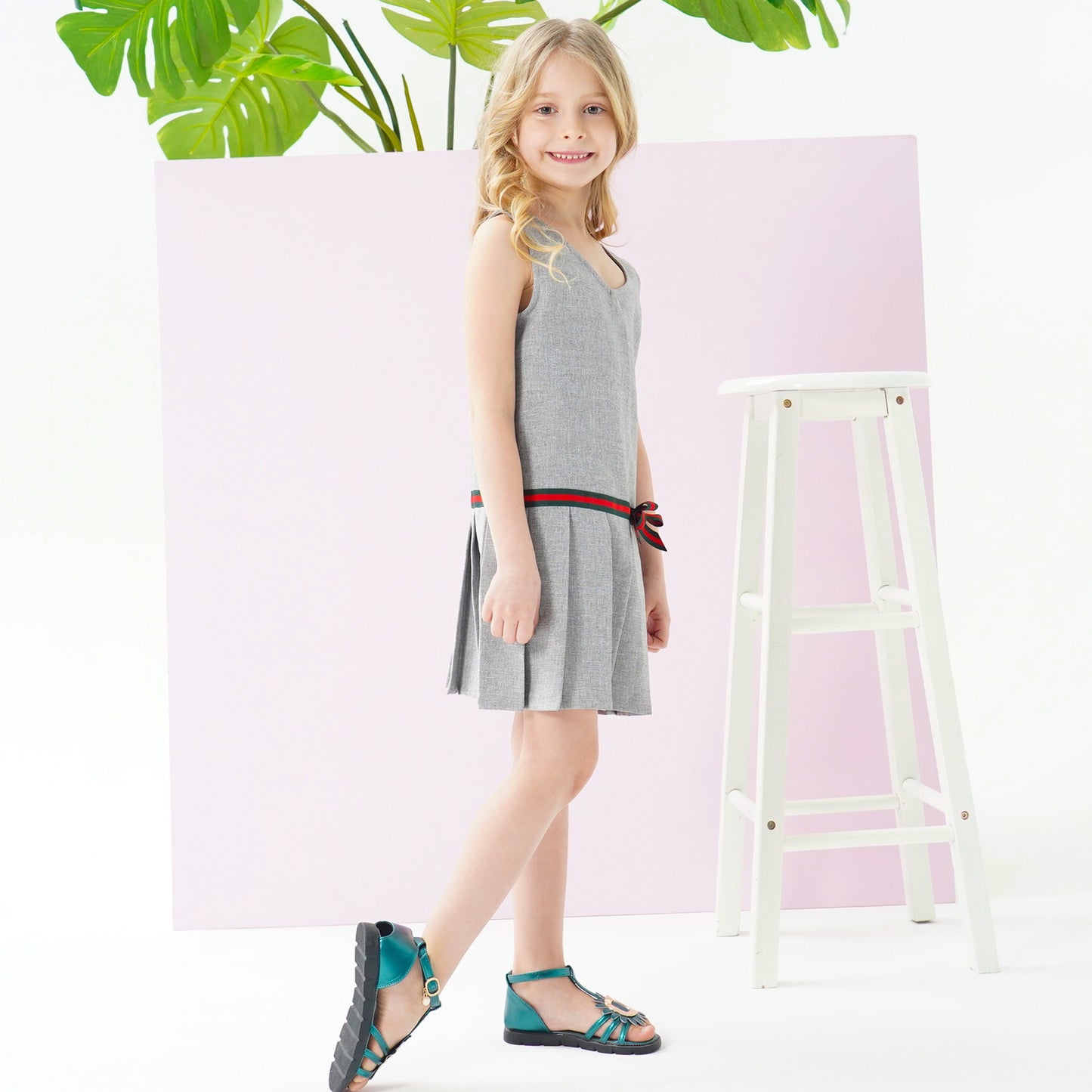 Girls Dress Gray School Uniform Pleated Skirt Dress Gray