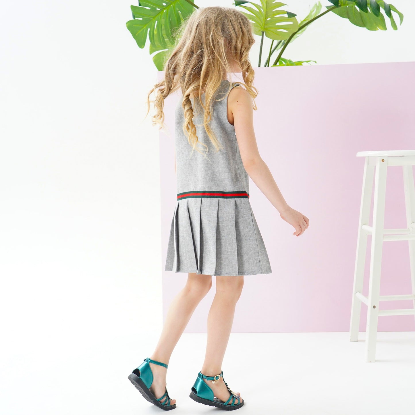 Girls Dress Gray School Uniform Pleated Skirt Dress Gray