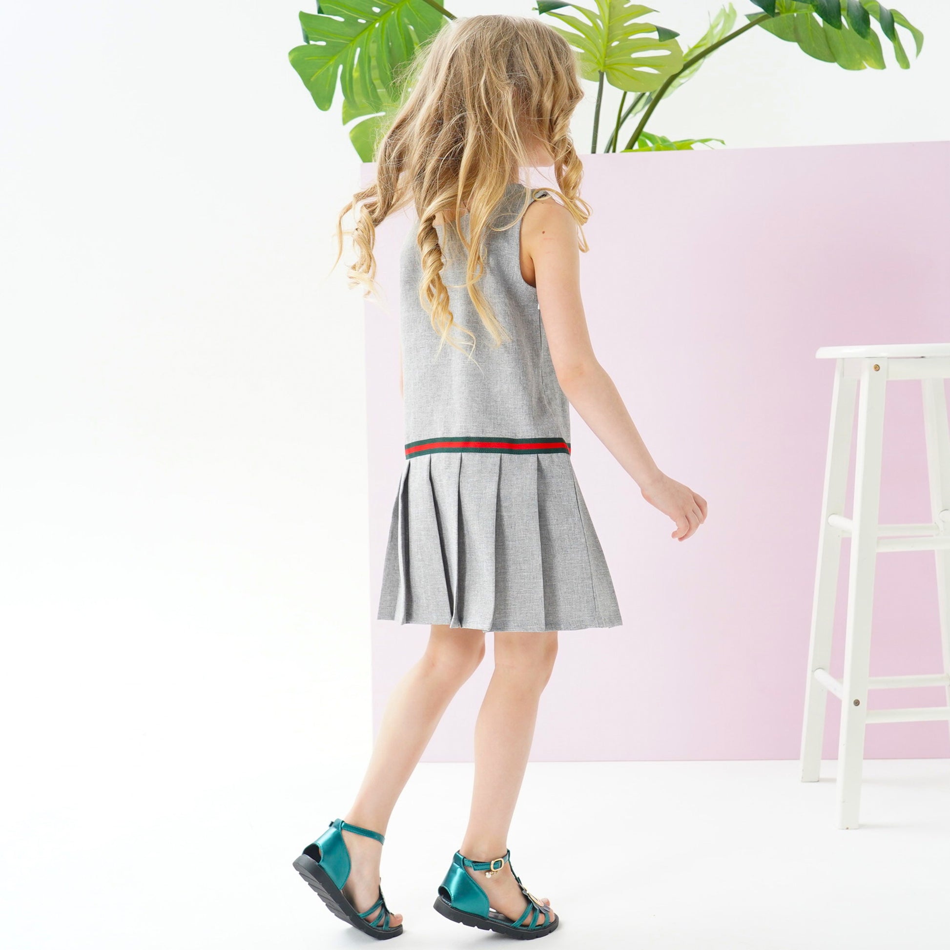 Girls Dress Gray School Uniform Pleated Skirt Dress Gray