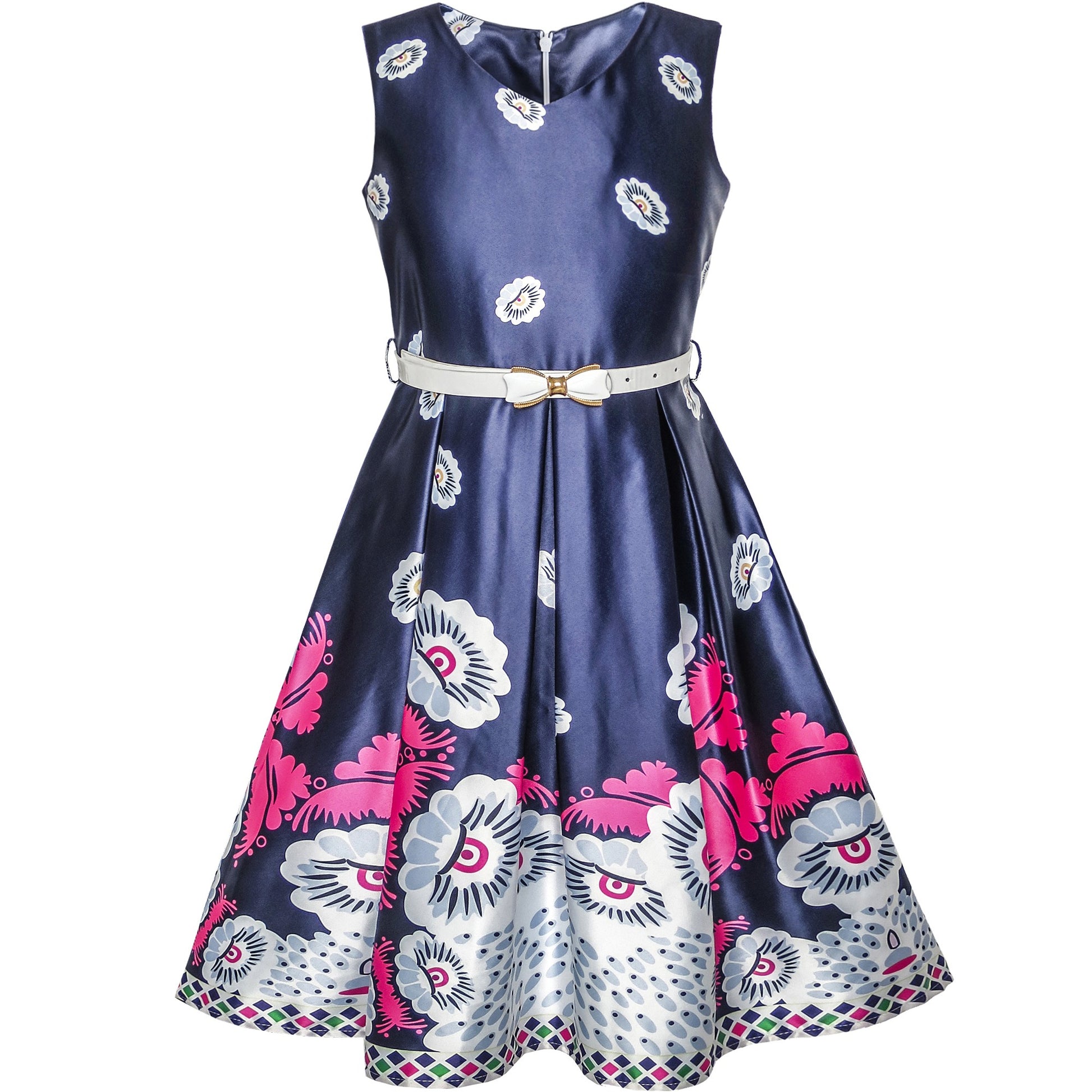 Girls Dress Flower Garden Print Elegant Chinese Style Blue