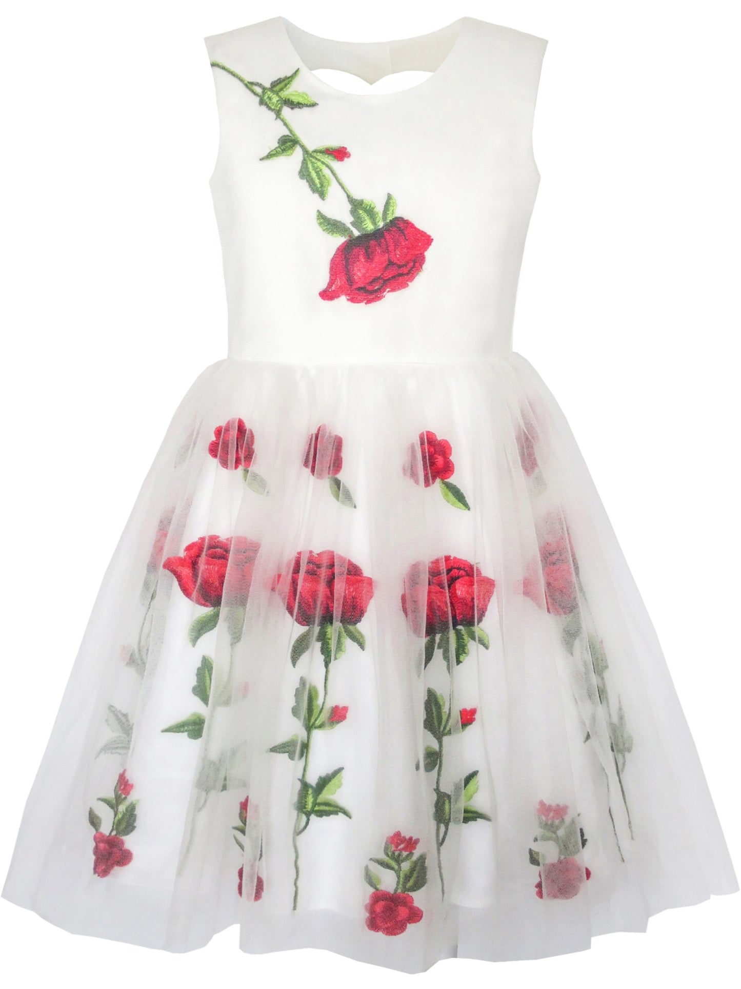 Girls Dress Champagne Rose Flower Embroidery Heart Shape Back White