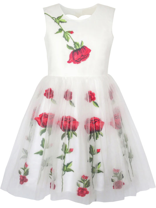 Girls Dress Champagne Rose Flower Embroidery Heart Shape Back White