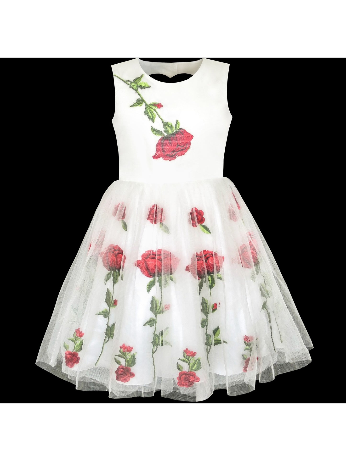 Girls Dress Champagne Rose Flower Embroidery Heart Shape Back White