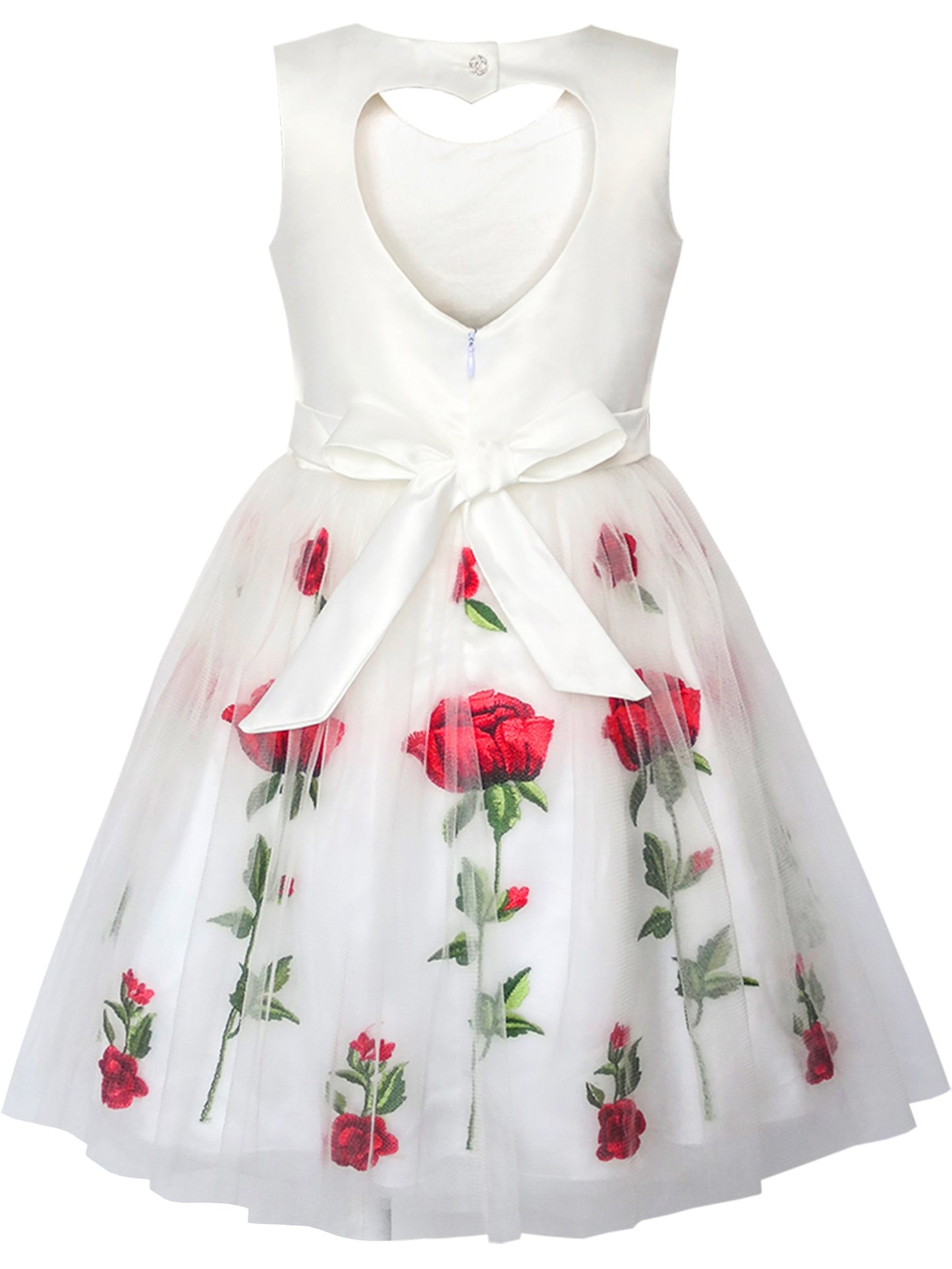 Girls Dress Champagne Rose Flower Embroidery Heart Shape Back White