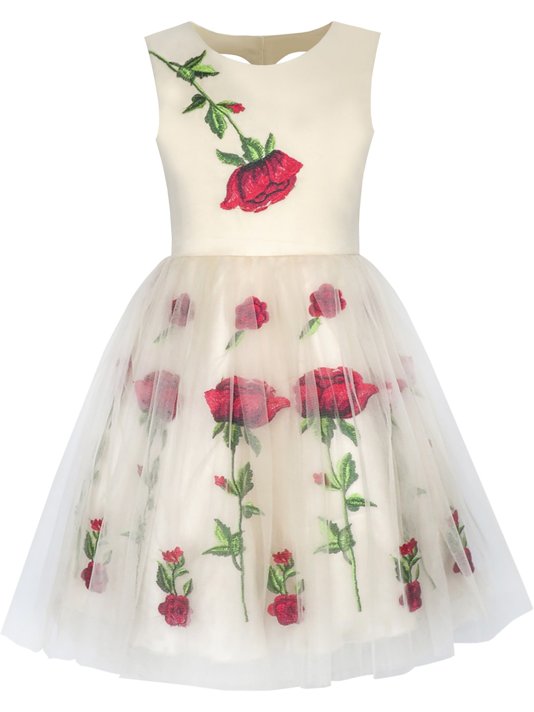 Girls Dress Champagne Rose Flower Embroidery Heart Shape Back Beige