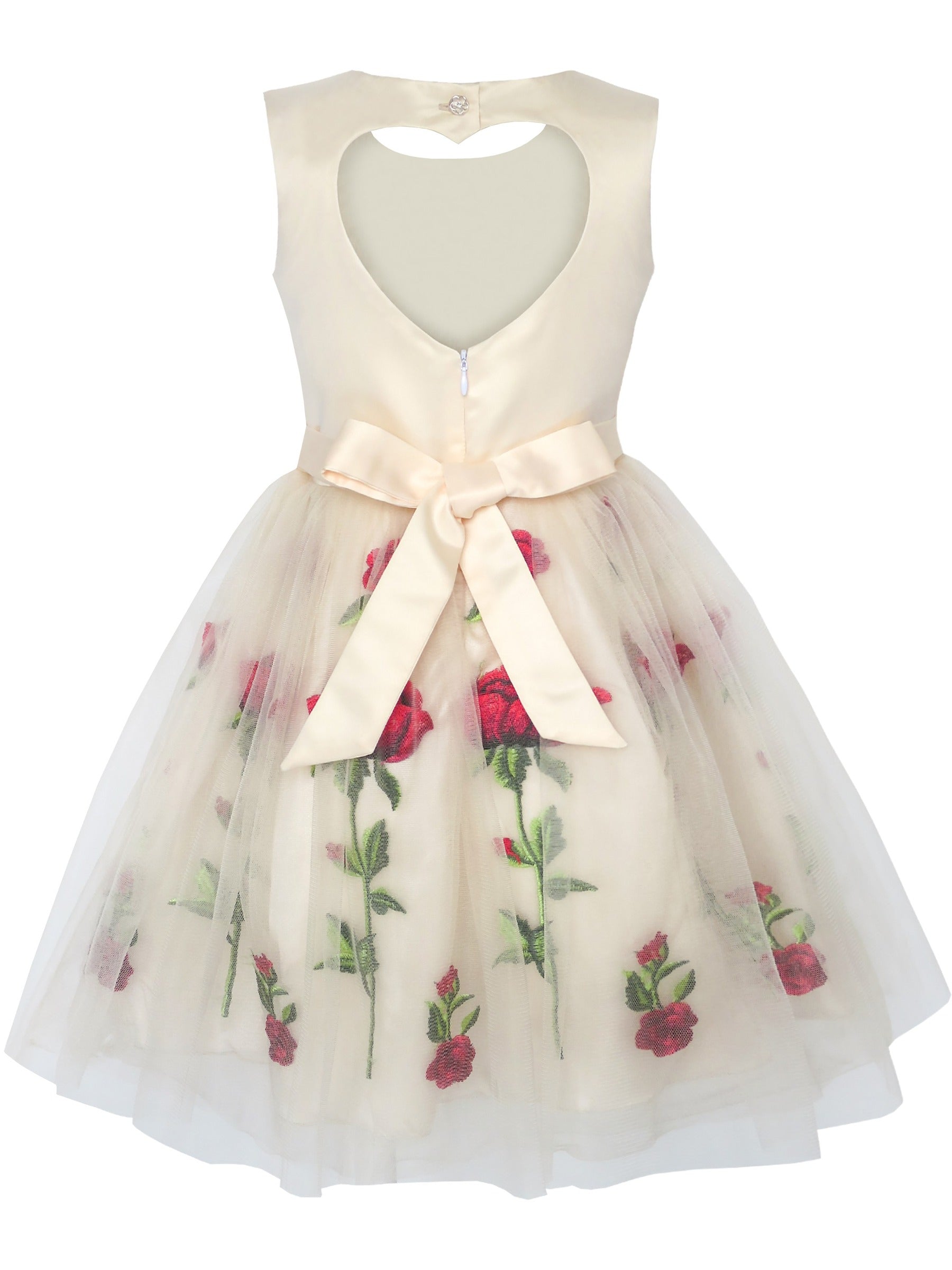 Girls Dress Champagne Rose Flower Embroidery Heart Shape Back Beige