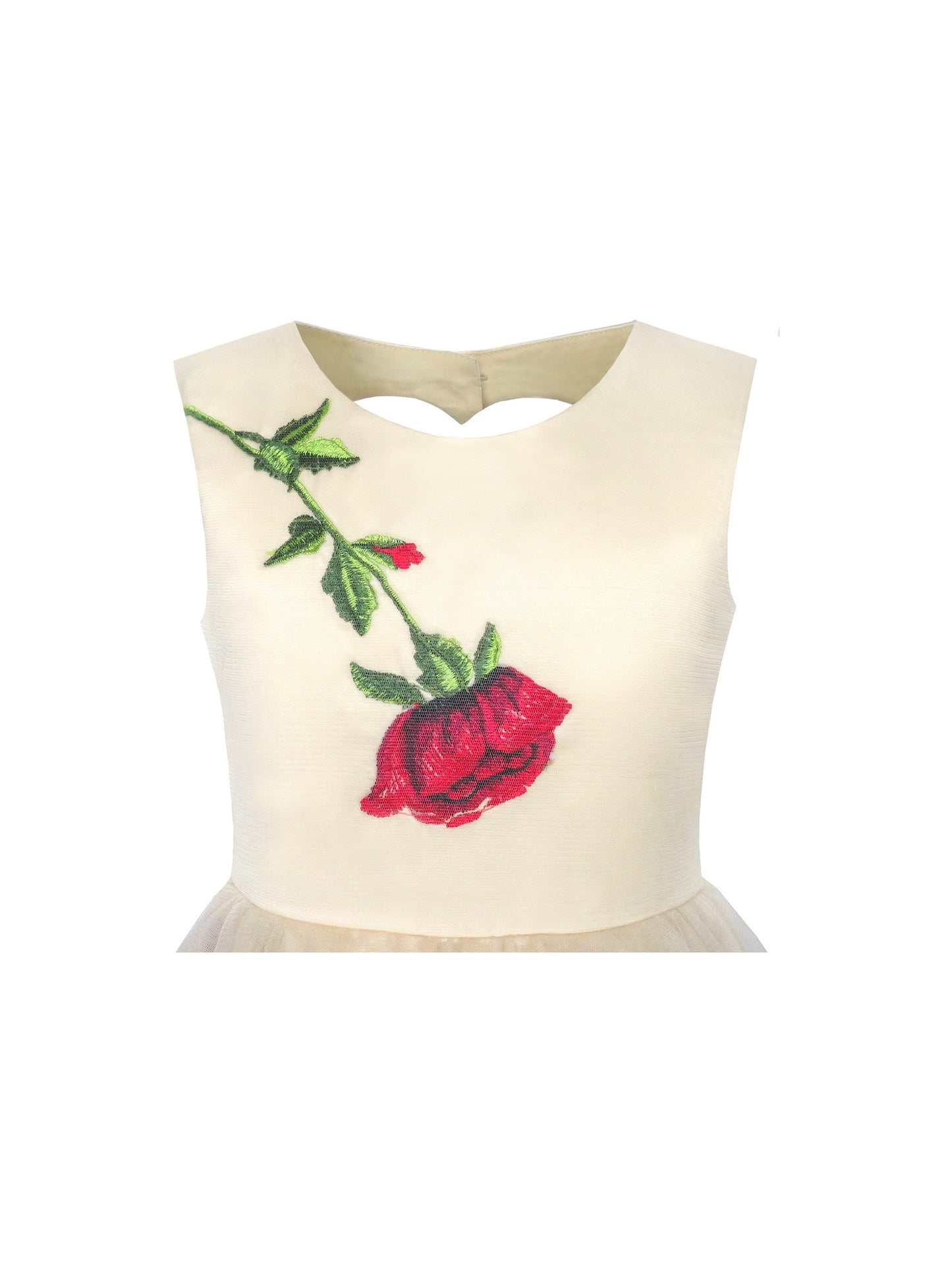 Girls Dress Champagne Rose Flower Embroidery Heart Shape Back Beige