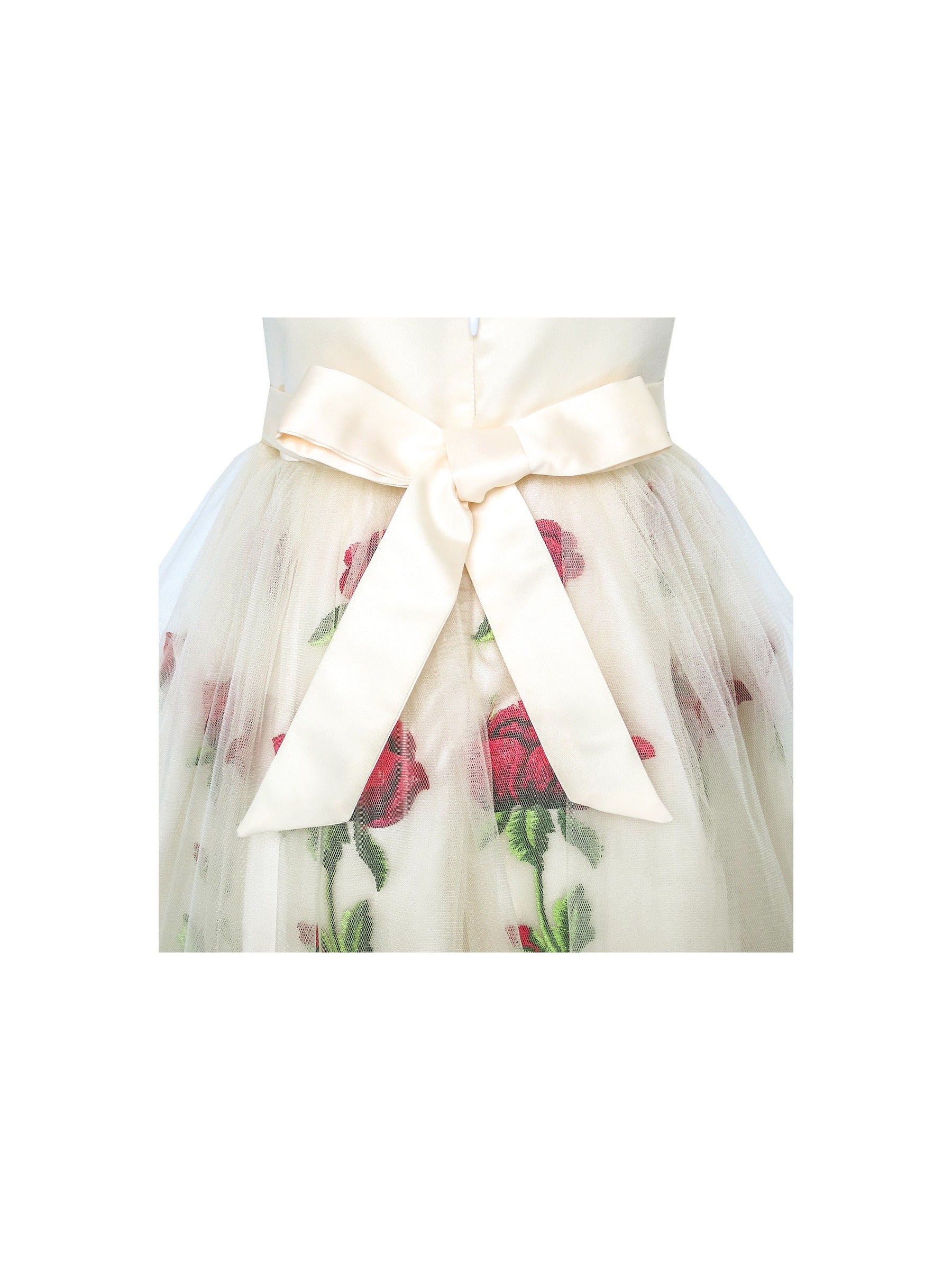 Girls Dress Champagne Rose Flower Embroidery Heart Shape Back Beige