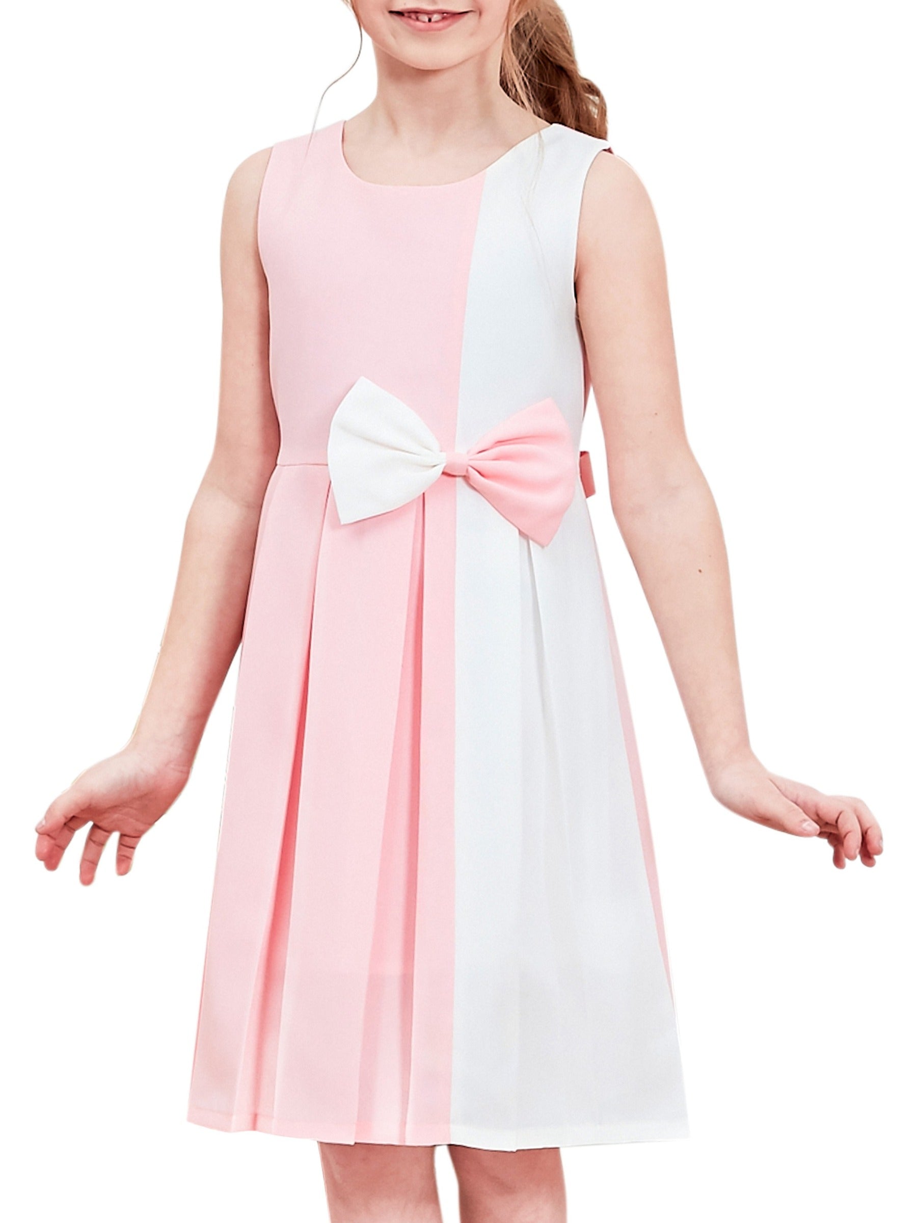 Girls Dress Color Block Contrast Bow Tie Everyday Party Pink