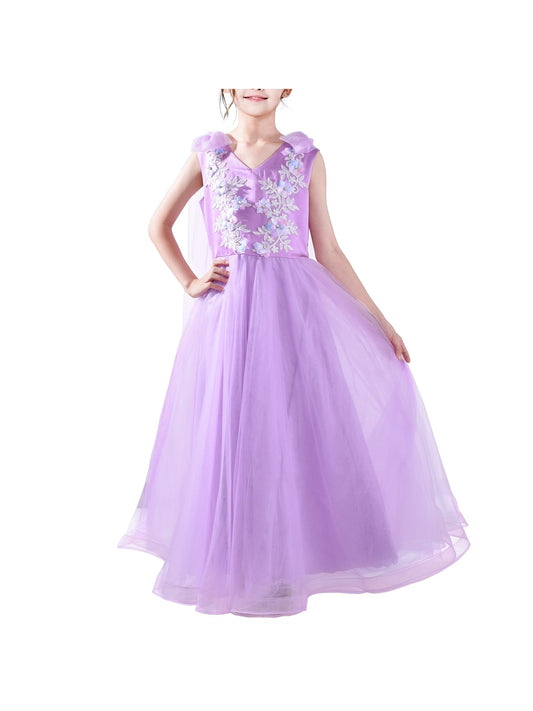 Girls Champagne Dress Sleeveless Floral Lace Calf Length Party Formal Dress Purple