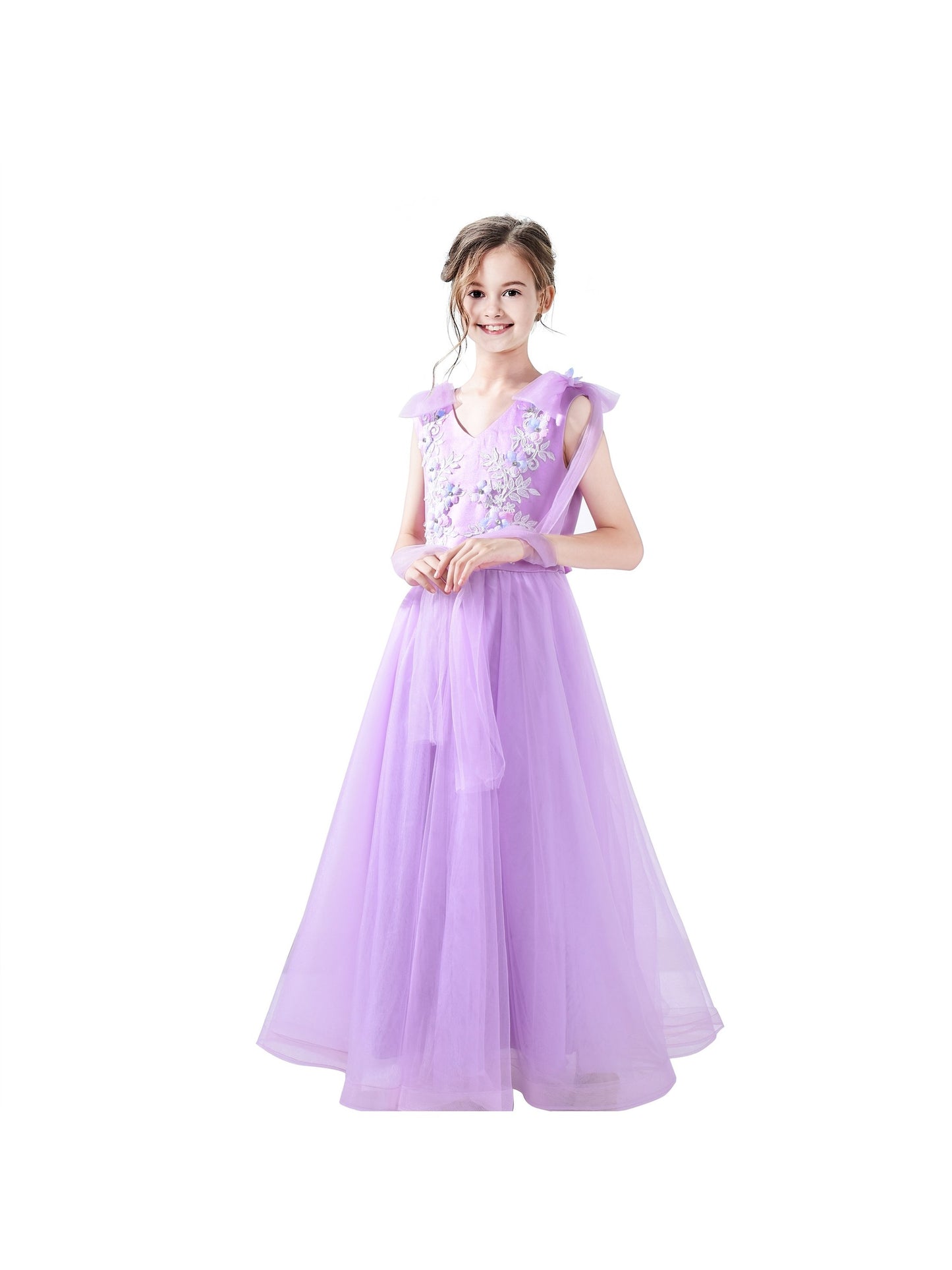 Girls Champagne Dress Sleeveless Floral Lace Calf Length Party Formal Dress Purple