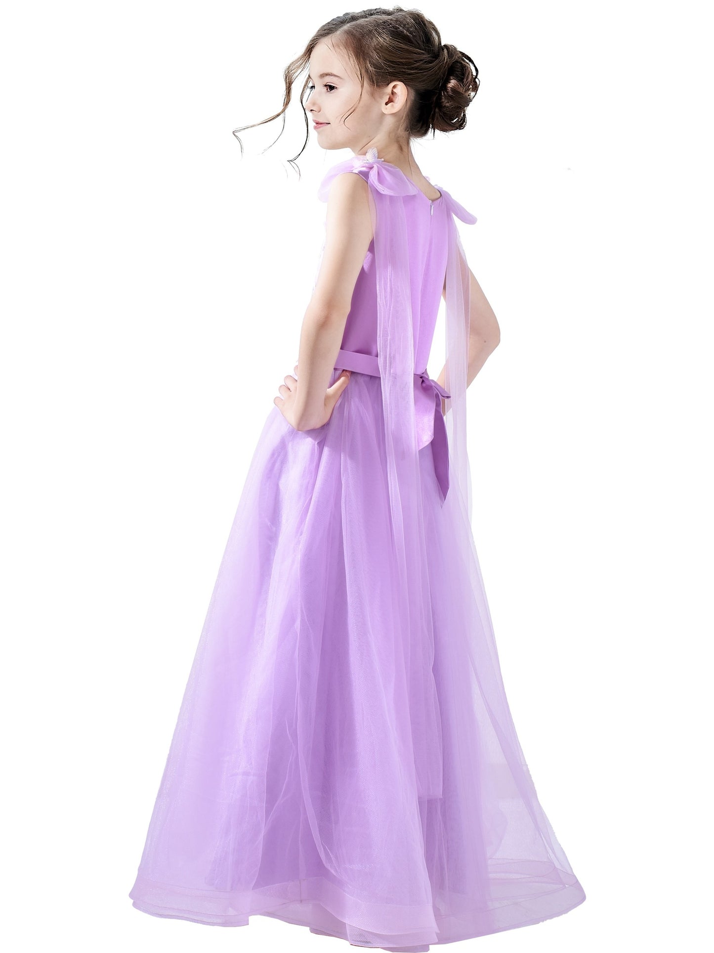 Girls Champagne Dress Sleeveless Floral Lace Calf Length Party Formal Dress Purple