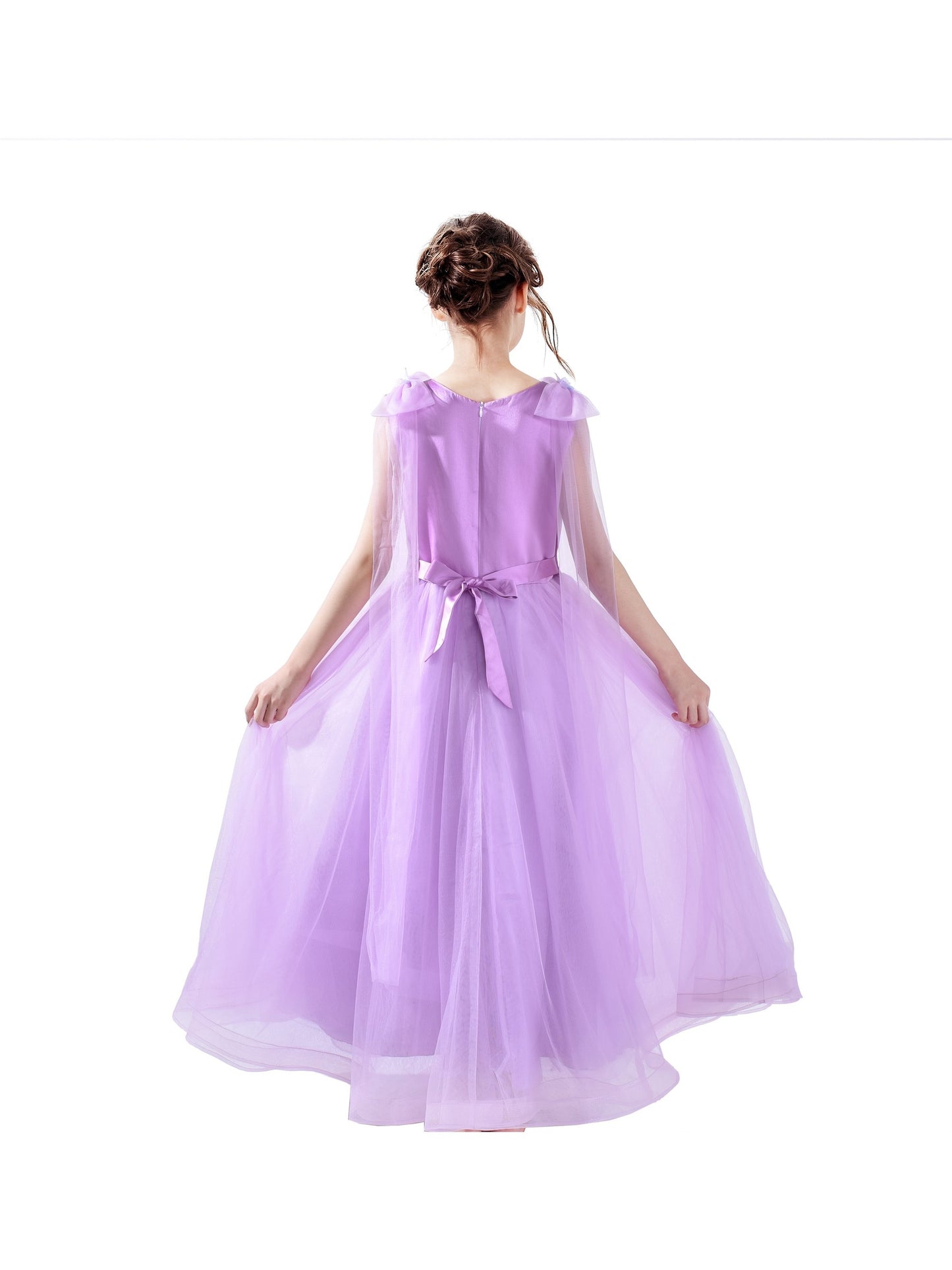 Girls Champagne Dress Sleeveless Floral Lace Calf Length Party Formal Dress Purple
