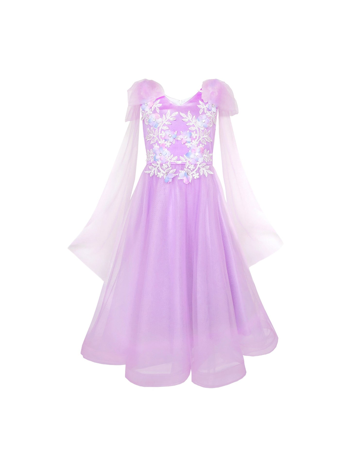 Girls Champagne Dress Sleeveless Floral Lace Calf Length Party Formal Dress Purple