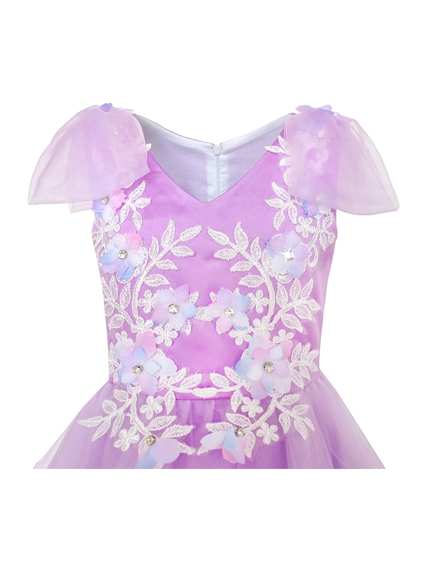 Girls Champagne Dress Sleeveless Floral Lace Calf Length Party Formal Dress Purple