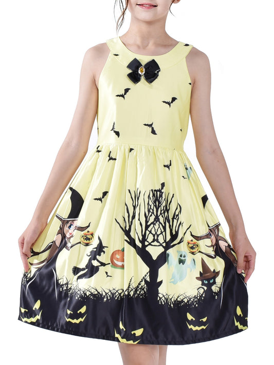 Girls Dress Halloween Witch Bat Pumpkin Costume Purple Dress Yellow