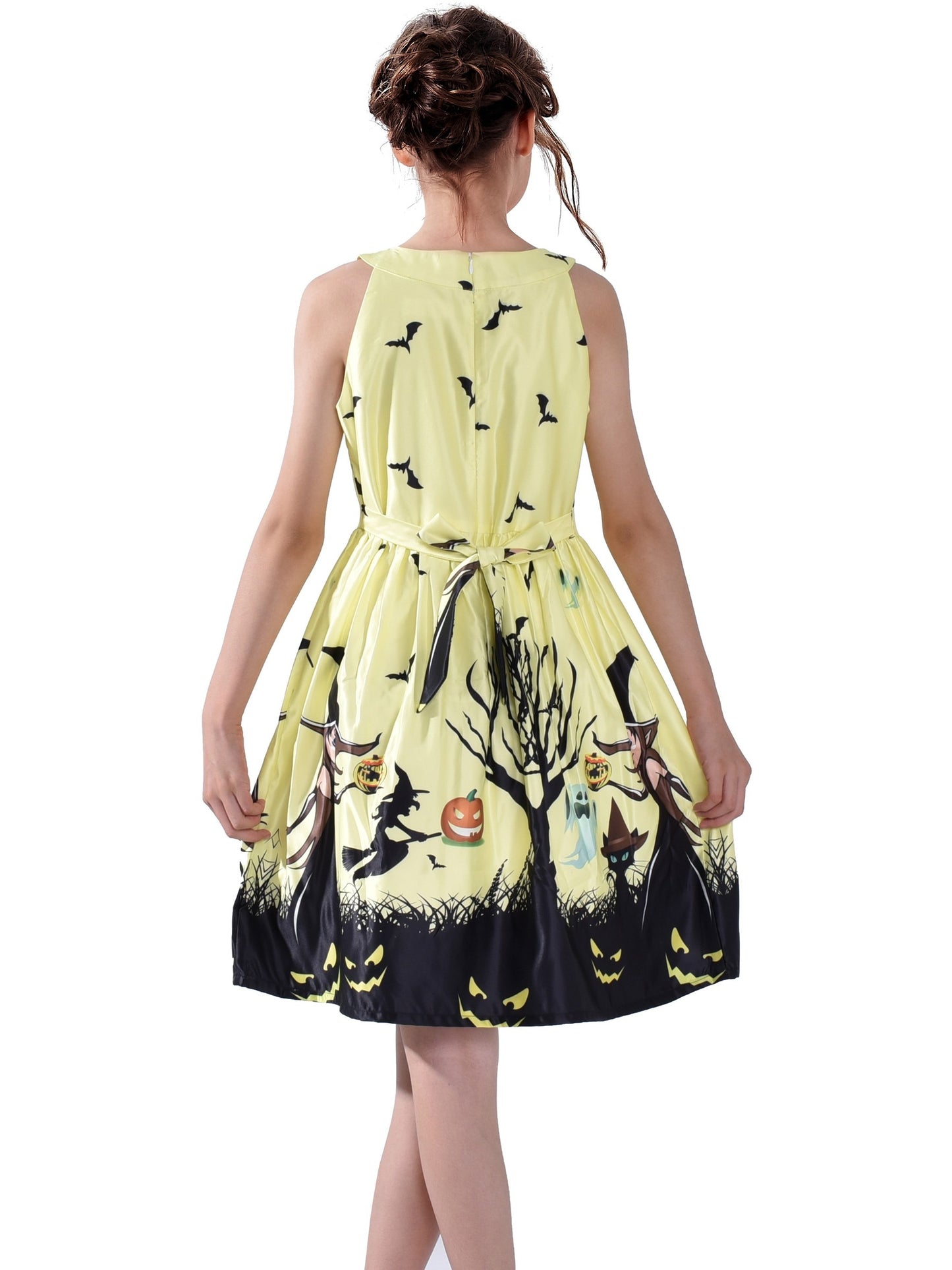 Girls Dress Halloween Witch Bat Pumpkin Costume Purple Dress Yellow