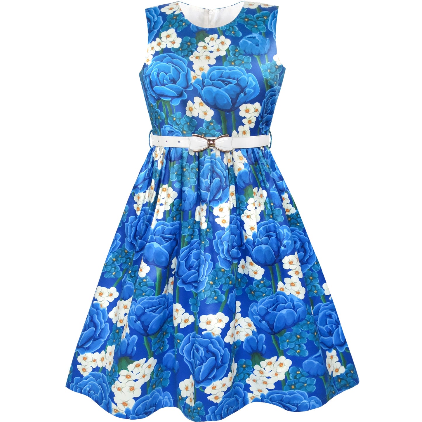 Girls Dress Flower Garden Print Elegant Chinese Style Blue