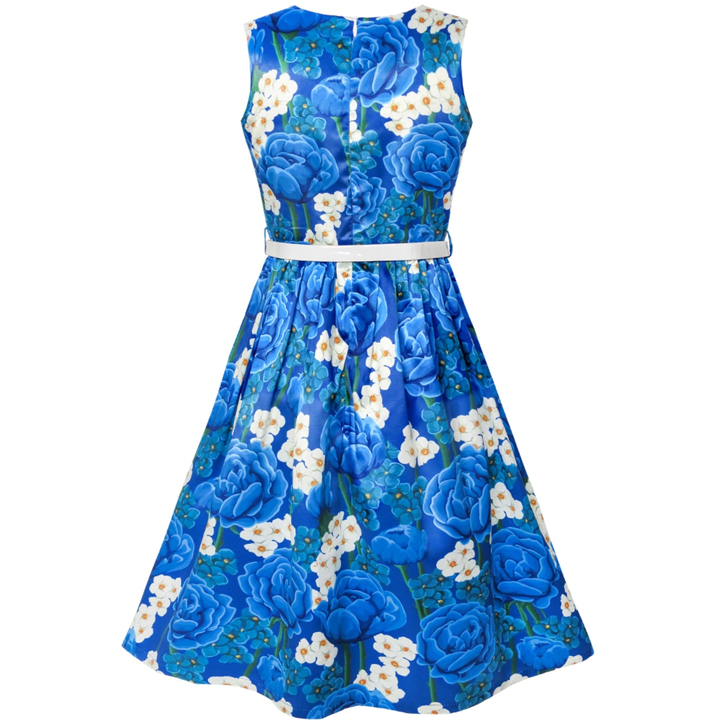 Girls Dress Flower Garden Print Elegant Chinese Style Blue
