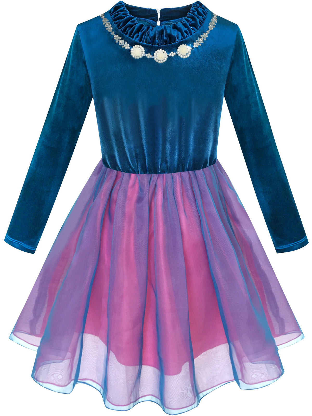 Girls Dress Flower Embroidered Long Sleeve Tulle Dress Blue