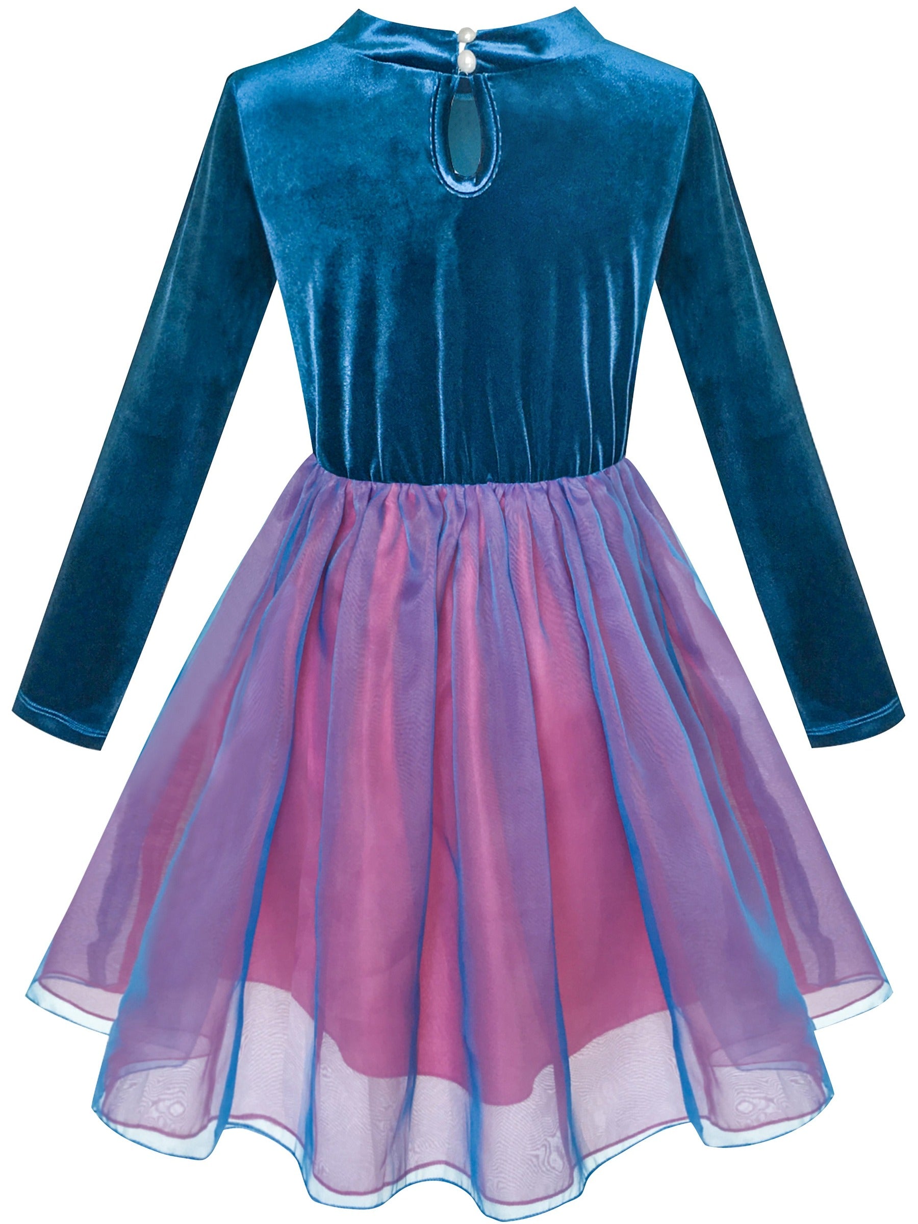 Girls Dress Flower Embroidered Long Sleeve Tulle Dress Blue