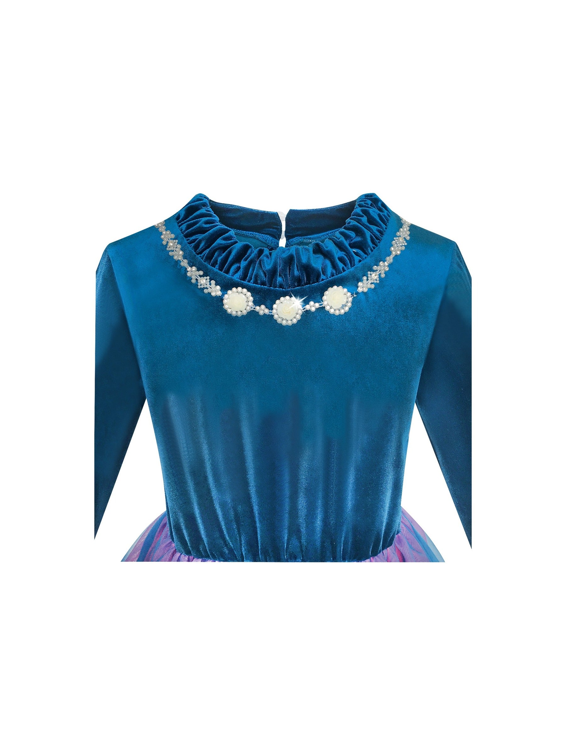 Girls Dress Flower Embroidered Long Sleeve Tulle Dress Blue