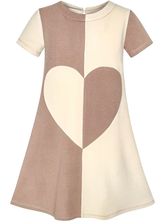 Girls Dress Pink Color Contrast Heart A-line Sundress Brown