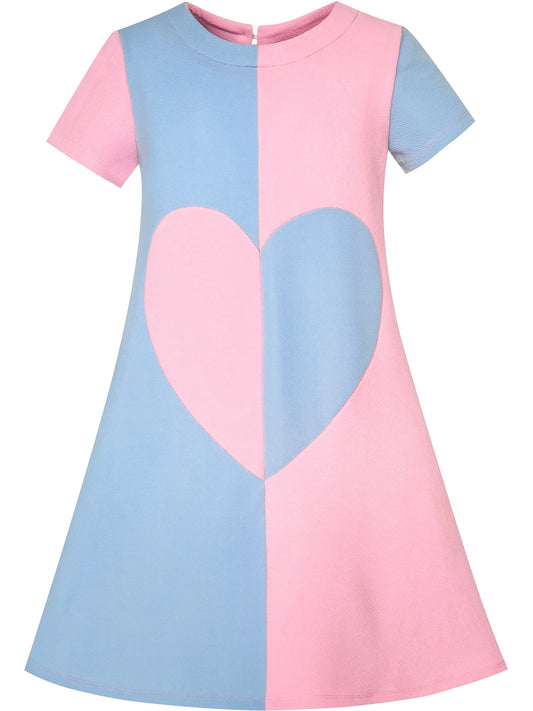 Girls Dress Pink Color Contrast Heart A-line Sundress Blue