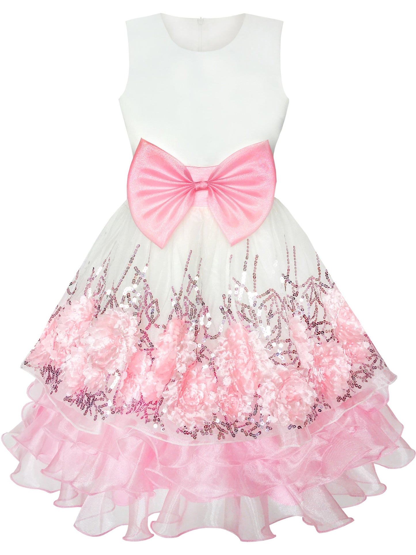 Flower Girls Dress Blue Sequin Dimensional Flowers Bow Tie Pageant Pink
