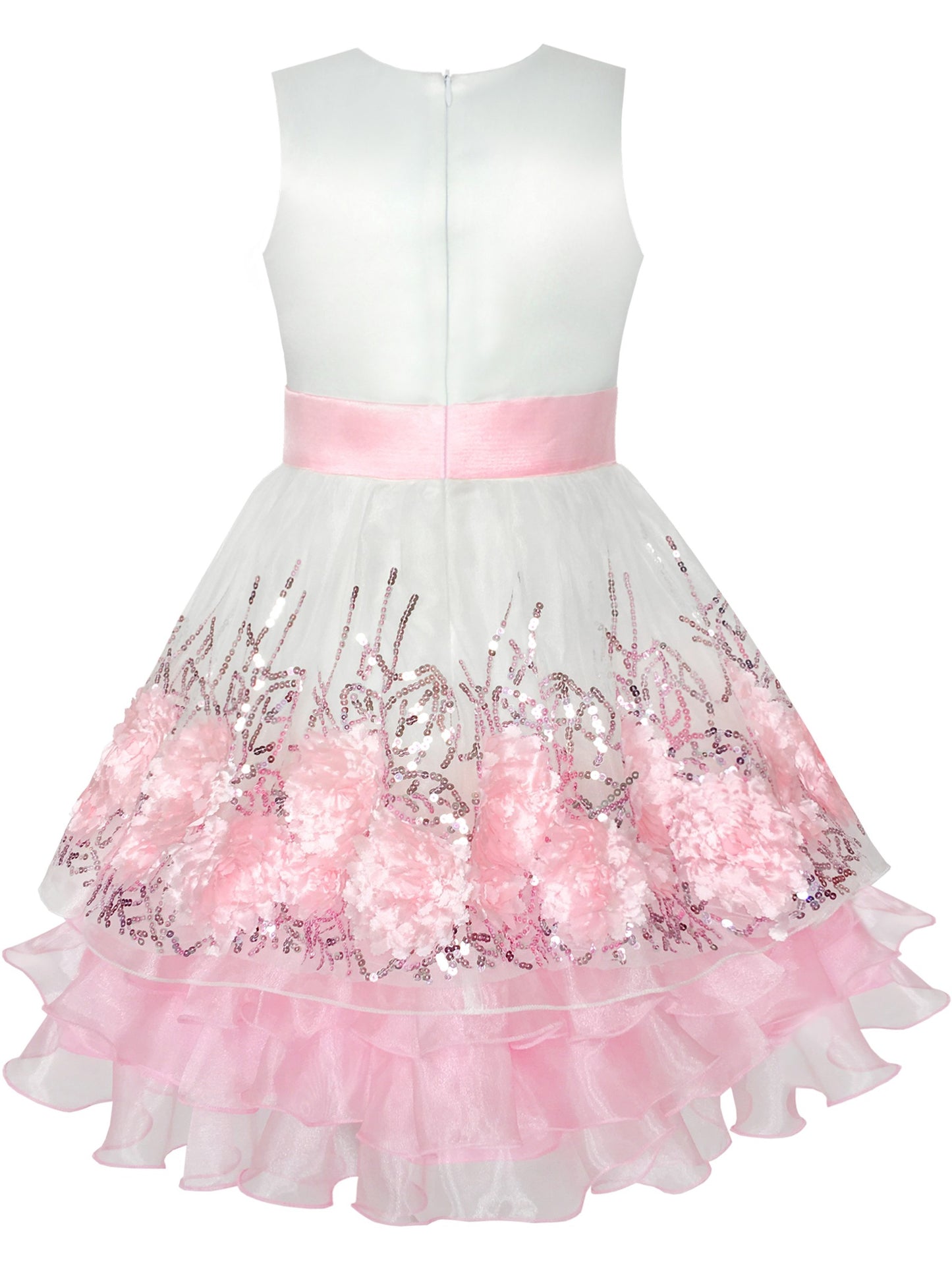 Flower Girls Dress Blue Sequin Dimensional Flowers Bow Tie Pageant Pink