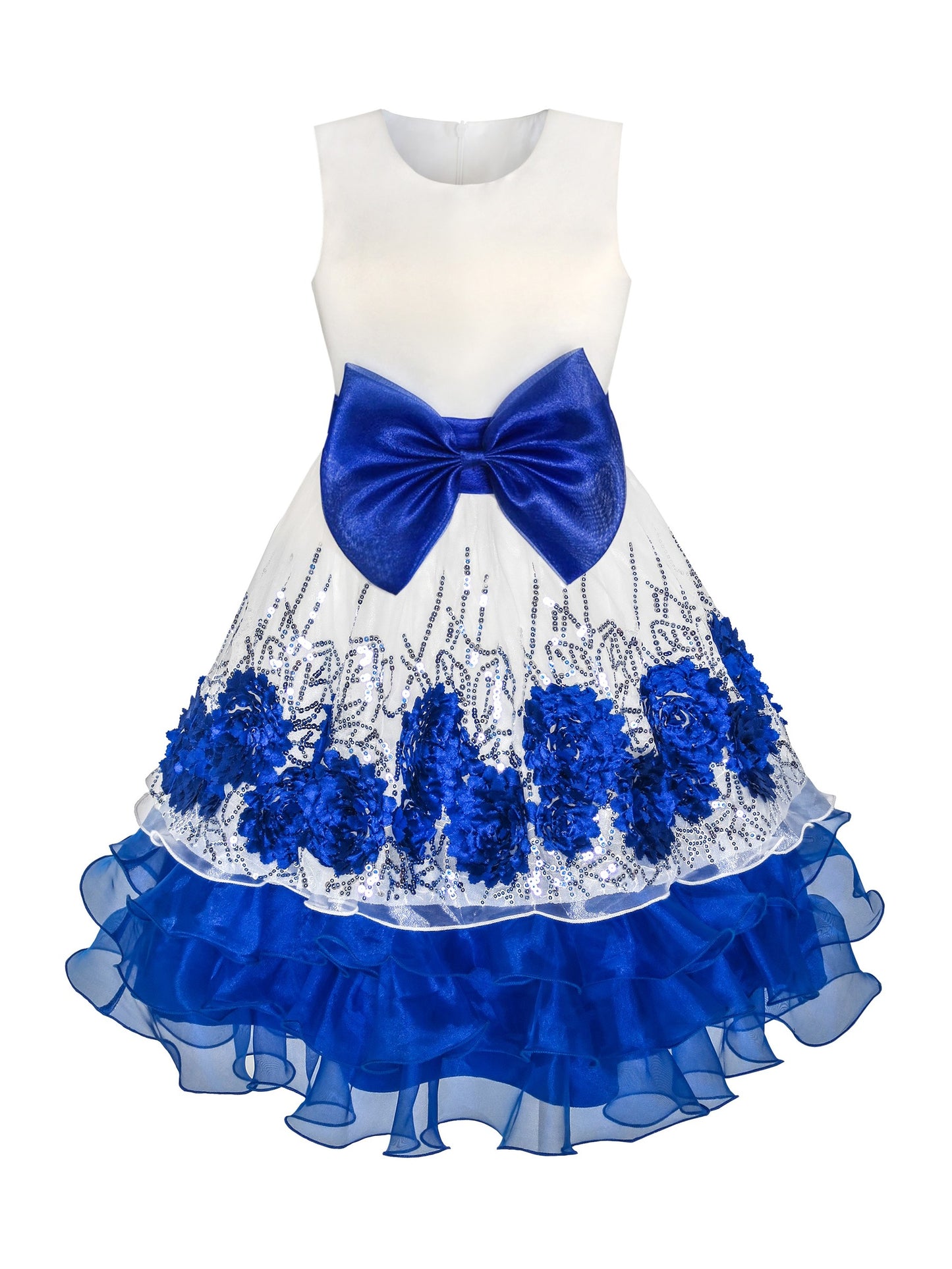 Flower Girls Dress Blue Sequin Dimensional Flowers Bow Tie Pageant Blue