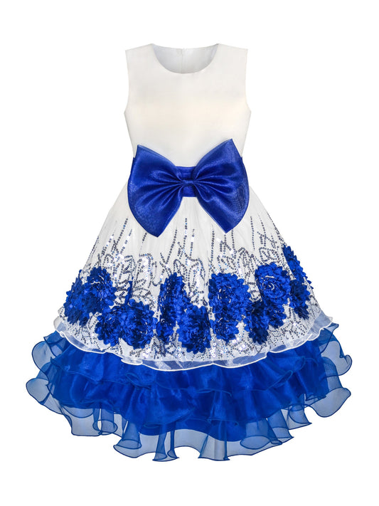 Flower Girls Dress Blue Sequin Dimensional Flowers Bow Tie Pageant Blue