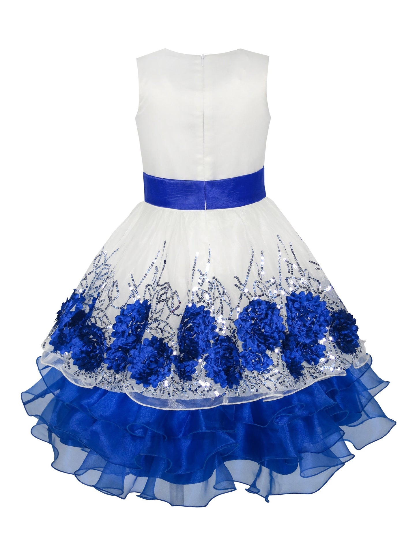 Flower Girls Dress Blue Sequin Dimensional Flowers Bow Tie Pageant Blue