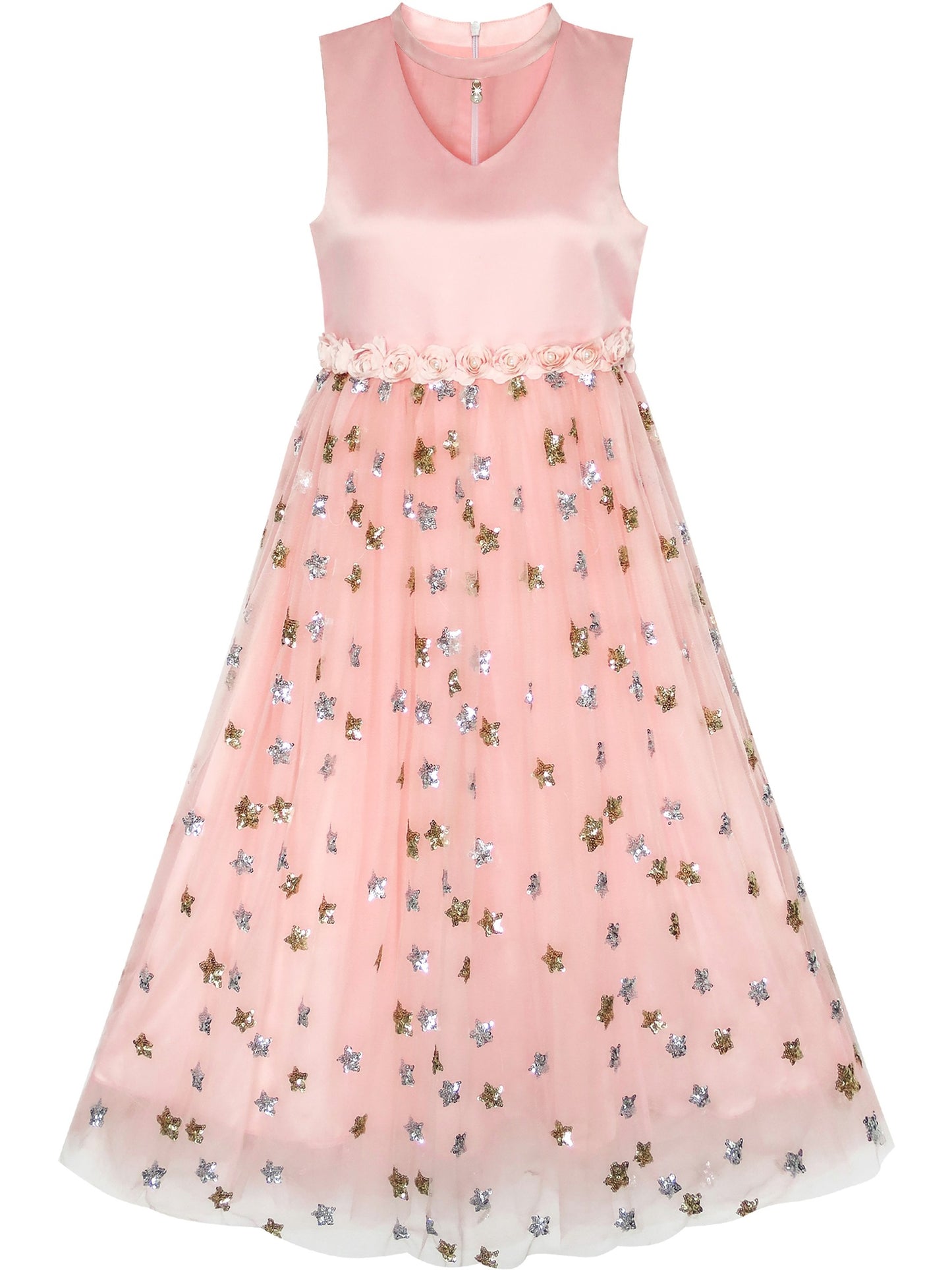 Flower Girls Dress Sparkling Sequins Star Pearl Wedding Party Pink