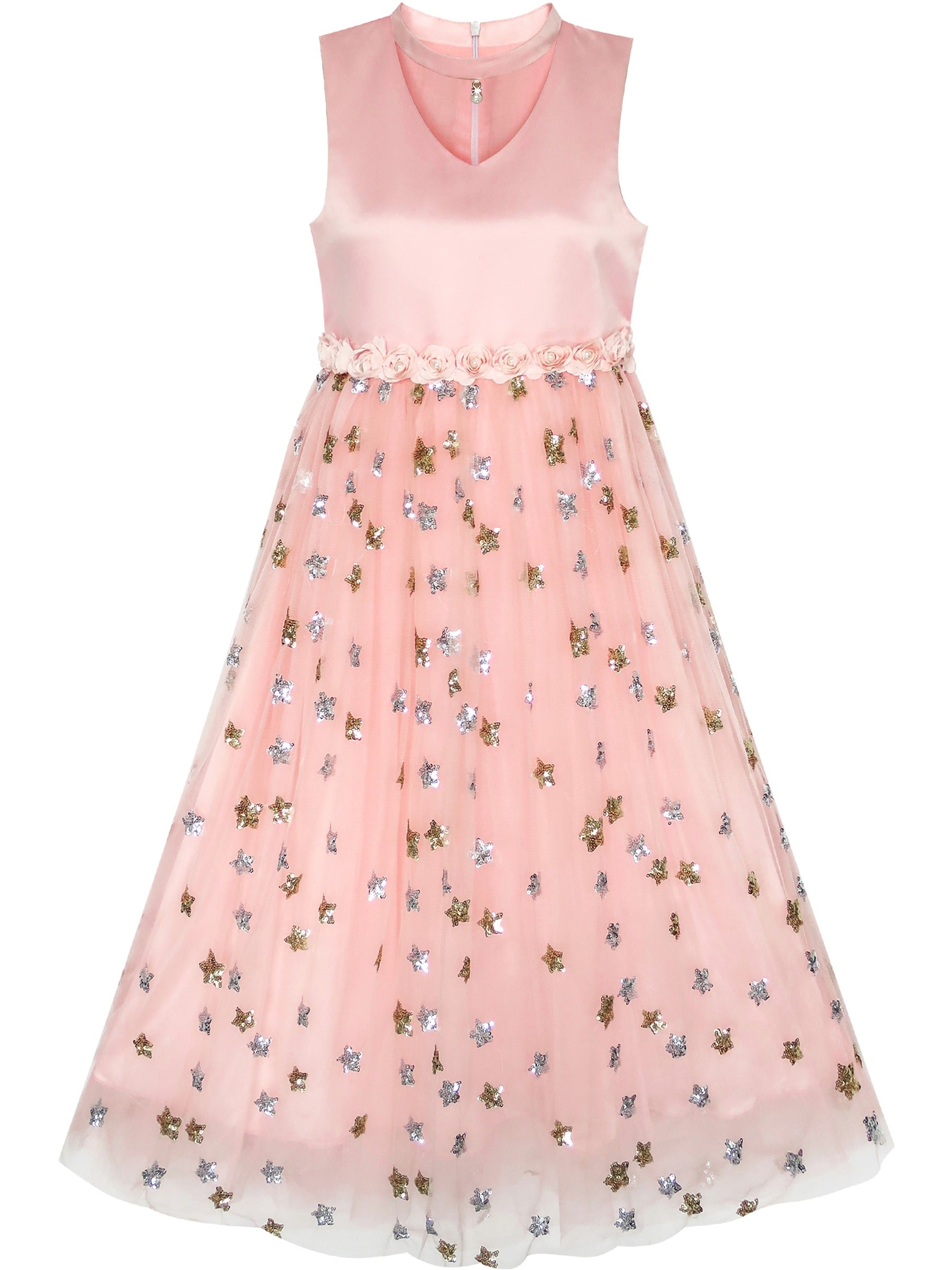 Flower Girls Dress Sparkling Sequins Star Pearl Wedding Party Pink