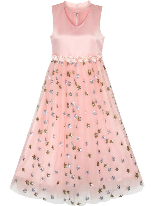 Flower Girls Dress Sparkling Sequins Star Pearl Wedding Party Pink