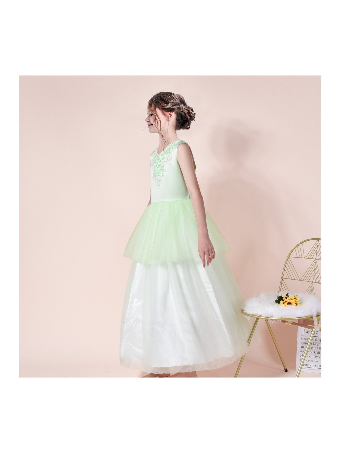 Girls Champagne Dress Sleeveless Floral Lace Calf Length Party Formal Dress Green
