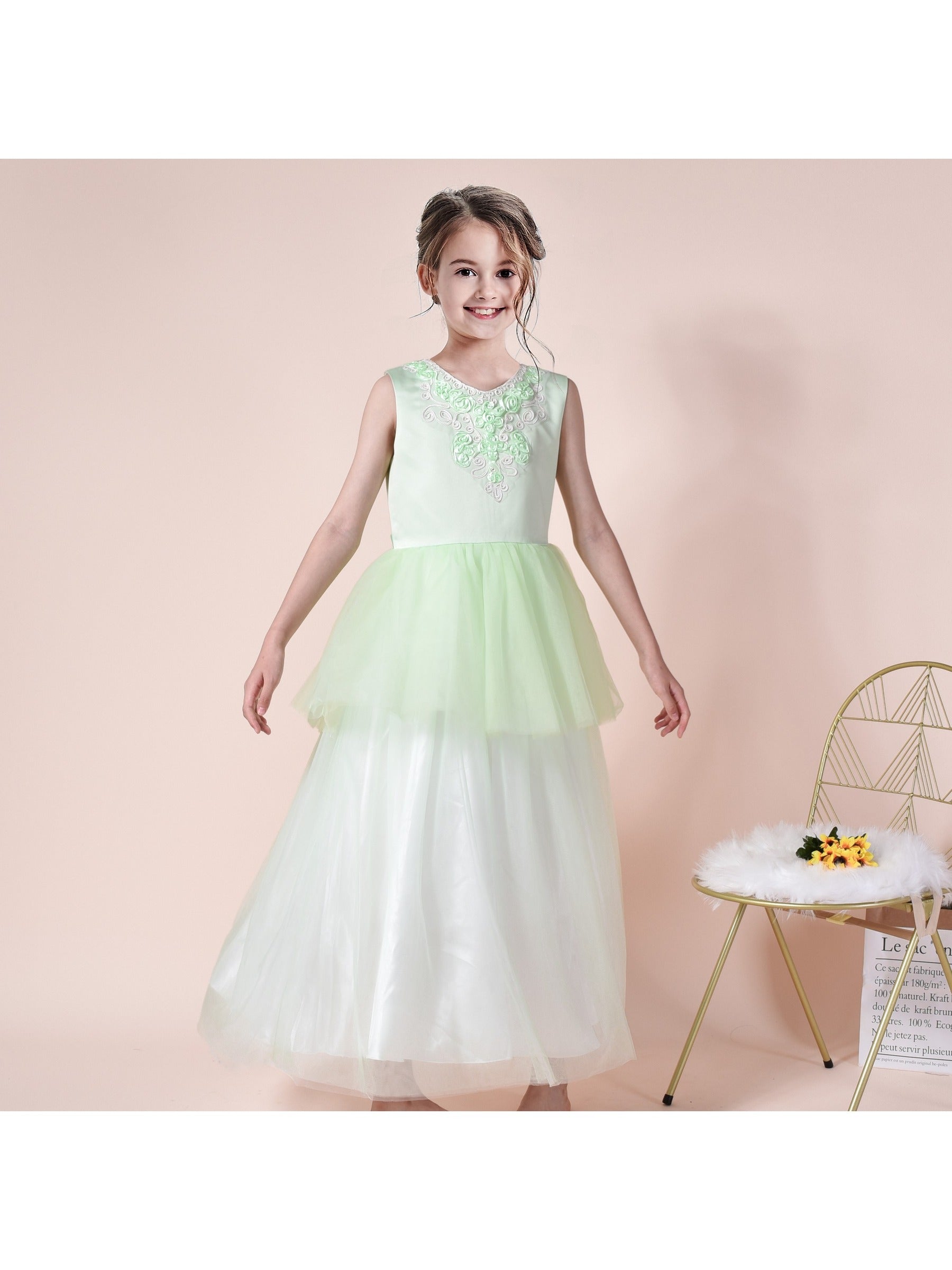 Girls Champagne Dress Sleeveless Floral Lace Calf Length Party Formal Dress Green